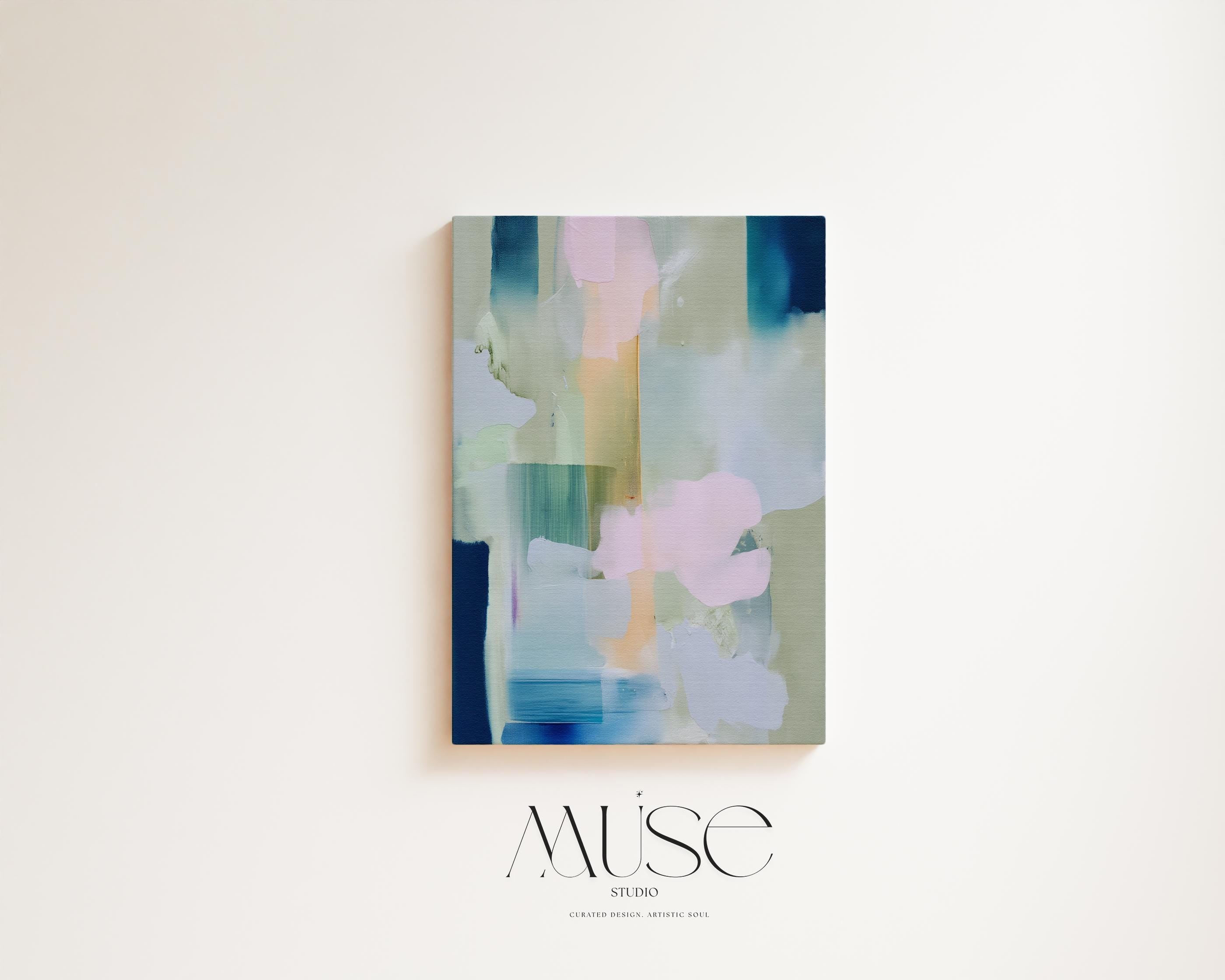 Muse Studio vertical pastel botanical canvas wall art in a blush blue sage palette, available as stretched canvas and rolled canvas, featuring soft pink, misty blue, pale sage, ivory, and deep navy abstract organic forms, printed with museum-grade giclée inks on premium artist canvas for bedroom decor, spa decor, and serene soft contemporary interiors.