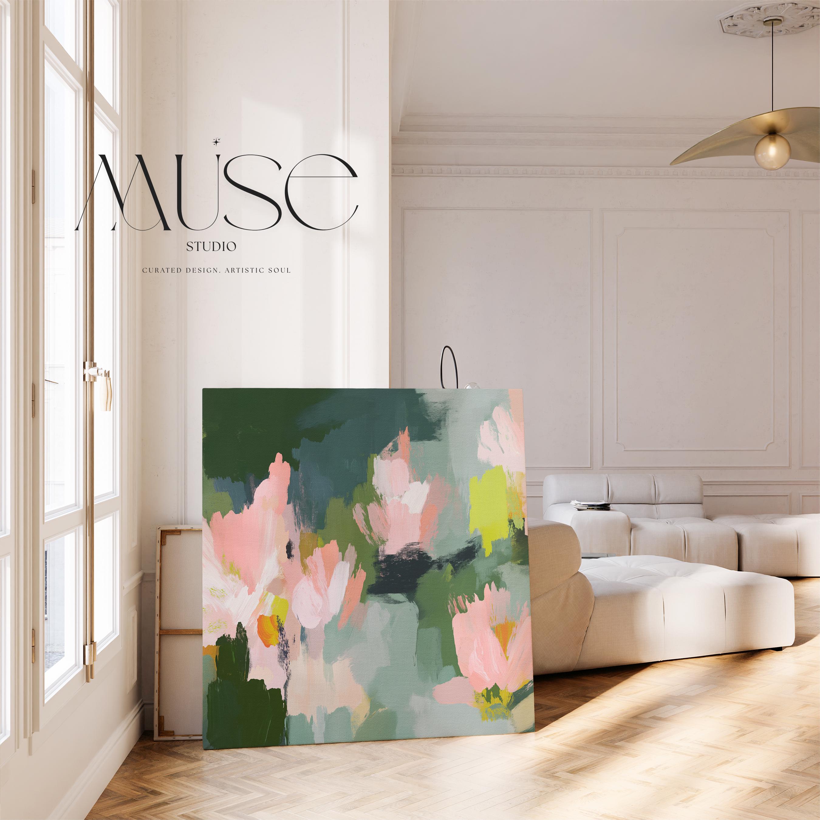 Blossom Grove No. 1039 by Muse Studio & Co. abstract floral canvas wall art in blush pink, sage green, deep forest green, and soft chartreuse, printed with museum-grade giclée inks on premium gallery-wrapped canvas, styled in a serene soft contemporary bedroom.