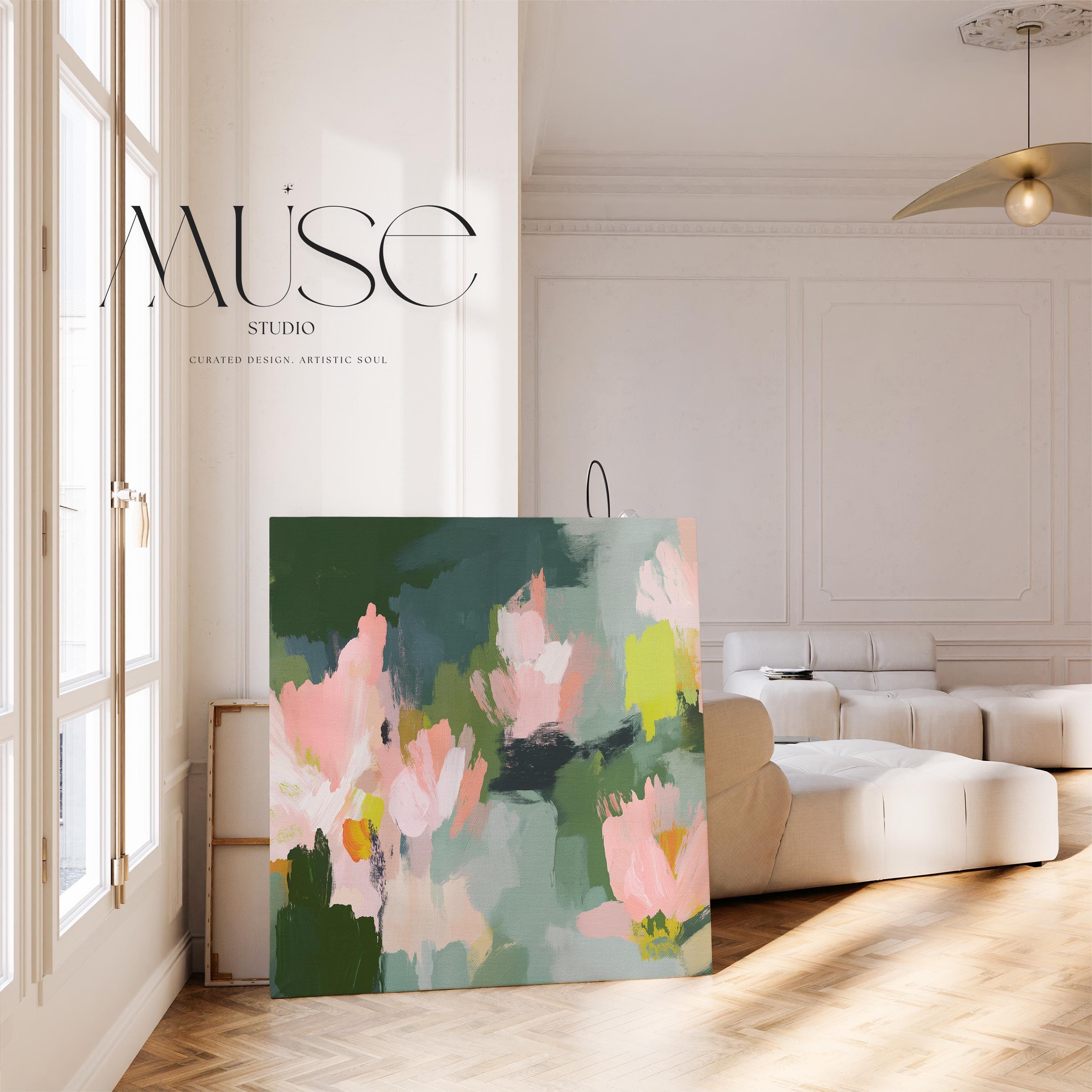 Blossom Grove No. 1039 by Muse Studio & Co. abstract floral canvas wall art in blush pink, sage green, deep forest green, and soft chartreuse, printed with museum-grade giclée inks on premium gallery-wrapped canvas, styled in a serene soft contemporary bedroom.