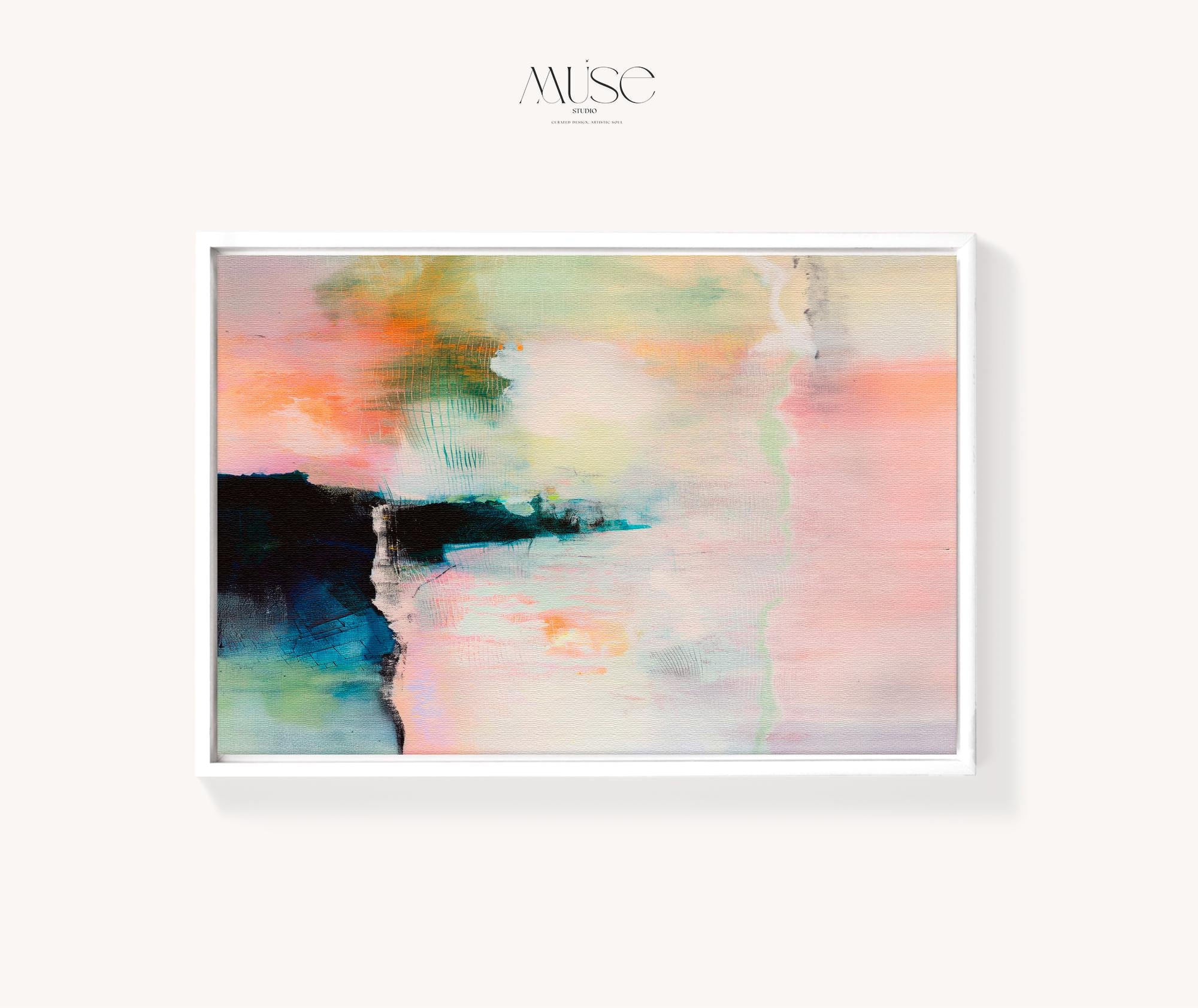 Large Abstract Framed Canvas Wall Art • Peach Blush Teal Pastel Painting for Living Room • Summer Veil No. 308 by Muse Studio & Co.