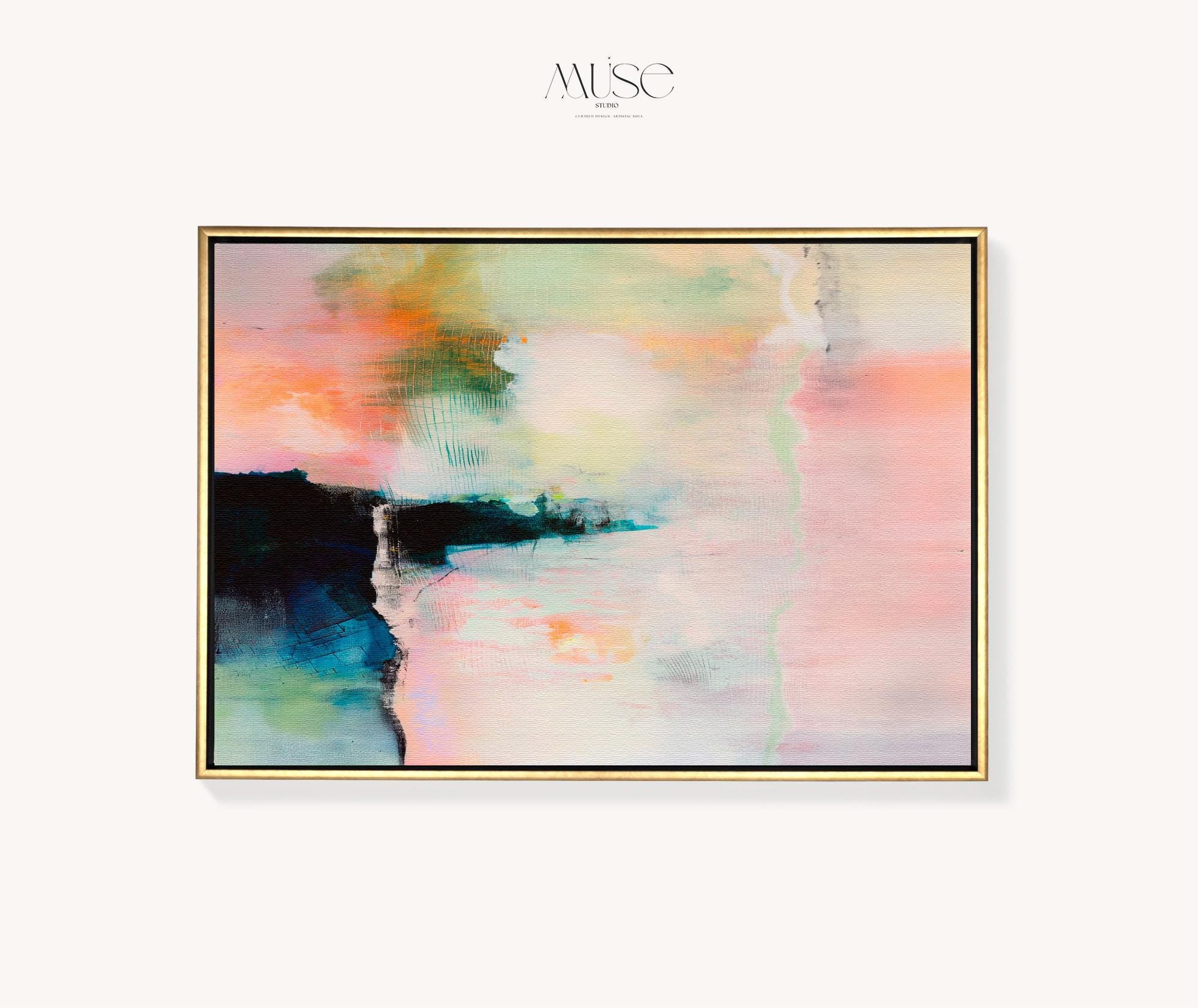 Large Abstract Framed Canvas Wall Art • Peach Blush Teal Pastel Painting for Living Room • Summer Veil No. 308 by Muse Studio & Co.