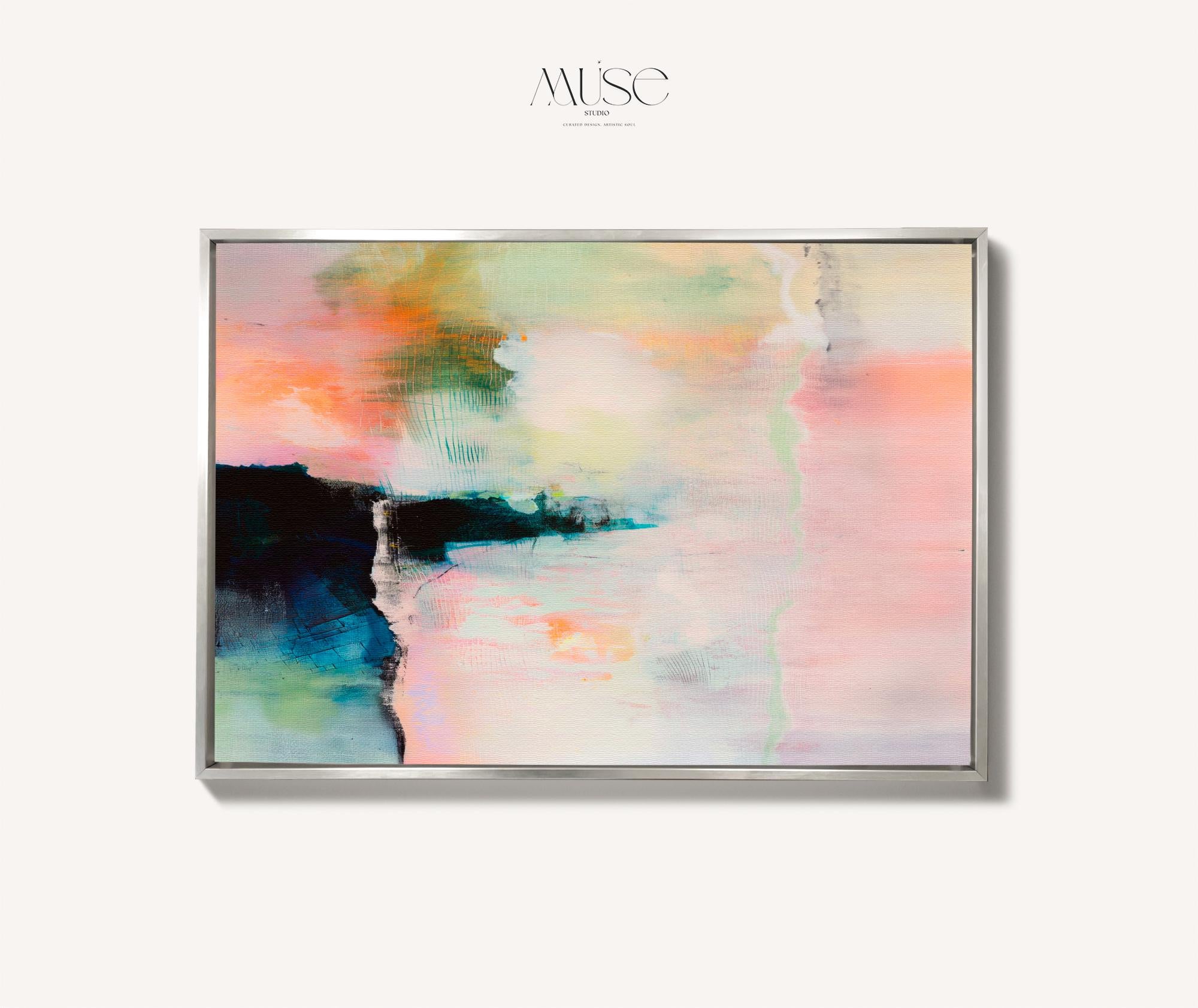 Large Abstract Framed Canvas Wall Art • Peach Blush Teal Pastel Painting for Living Room • Summer Veil No. 308 by Muse Studio & Co.