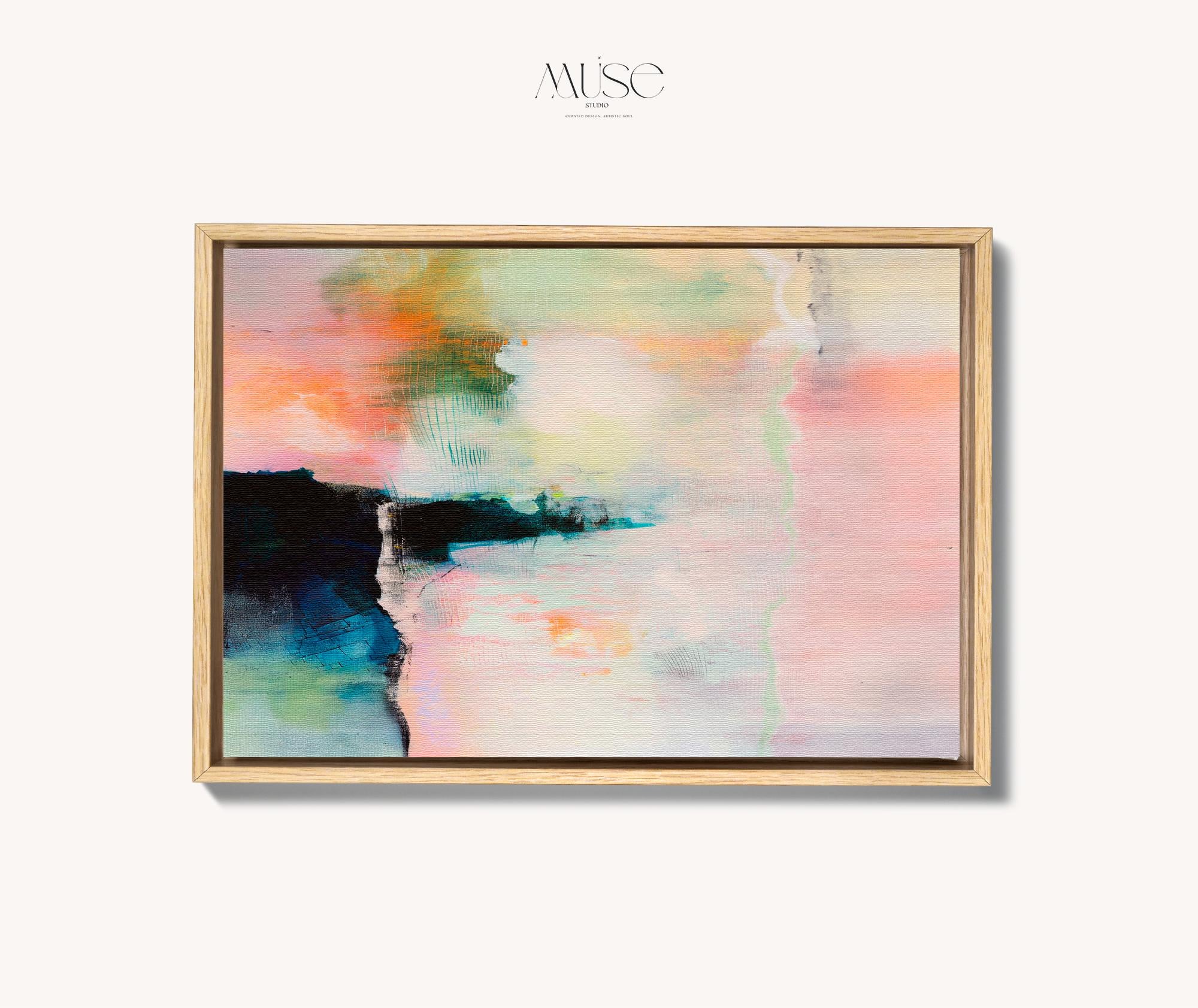 Large Abstract Framed Canvas Wall Art • Peach Blush Teal Pastel Painting for Living Room • Summer Veil No. 308 by Muse Studio & Co.