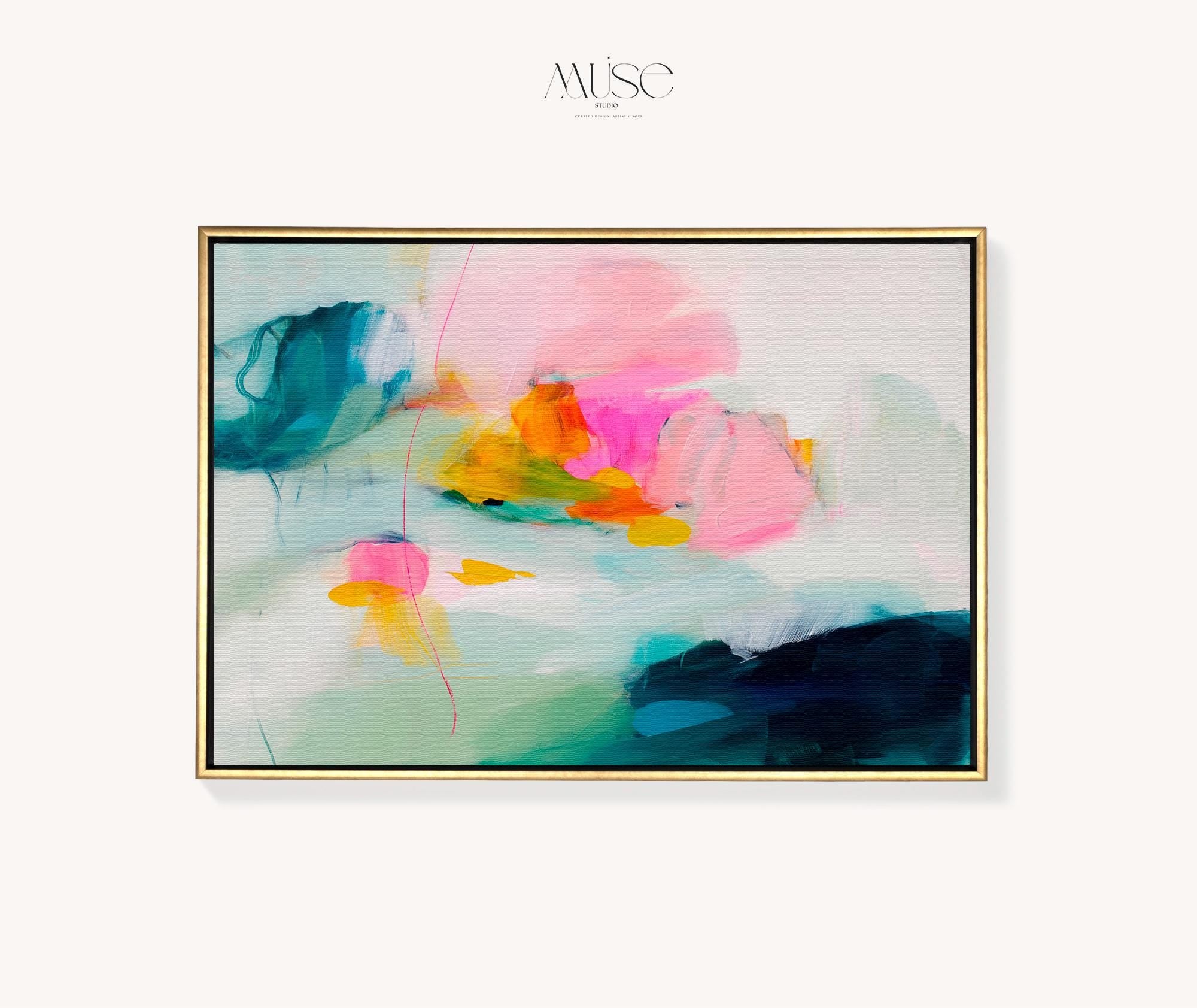 Poppy Fields No. 454 by Muse Studio & Co. horizontal colorful abstract wall art in pink, teal, yellow, and cream printed with museum-grade giclée inks on premium canvas, custom framed in natural, white, black, antique gold or silver float frame, styled in a bright designer living room.
