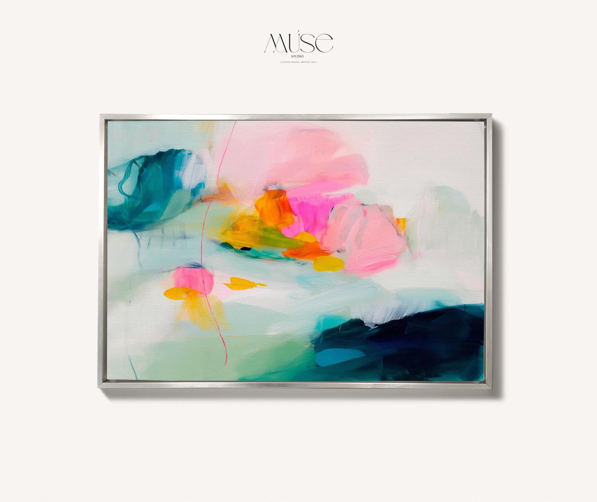 Poppy Fields No. 454 by Muse Studio & Co. horizontal colorful abstract wall art in pink, teal, yellow, and cream printed with museum-grade giclée inks on premium canvas, custom framed in natural, white, black, antique gold or silver float frame, styled in a bright designer living room.