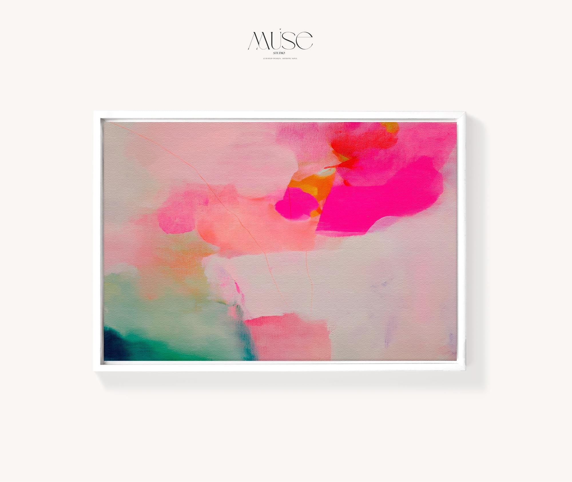 Bloom Aura No. 434 by Muse Studio & Co. pink coral, blush, mint green, and soft peach abstract wall art printed with museum-grade giclée inks on premium gallery-wrapped artist canvas and custom framed in premium wood float frame options including natural, white, black, antique gold, and antique silver, styled as oversized statement art in a modern designer living room.