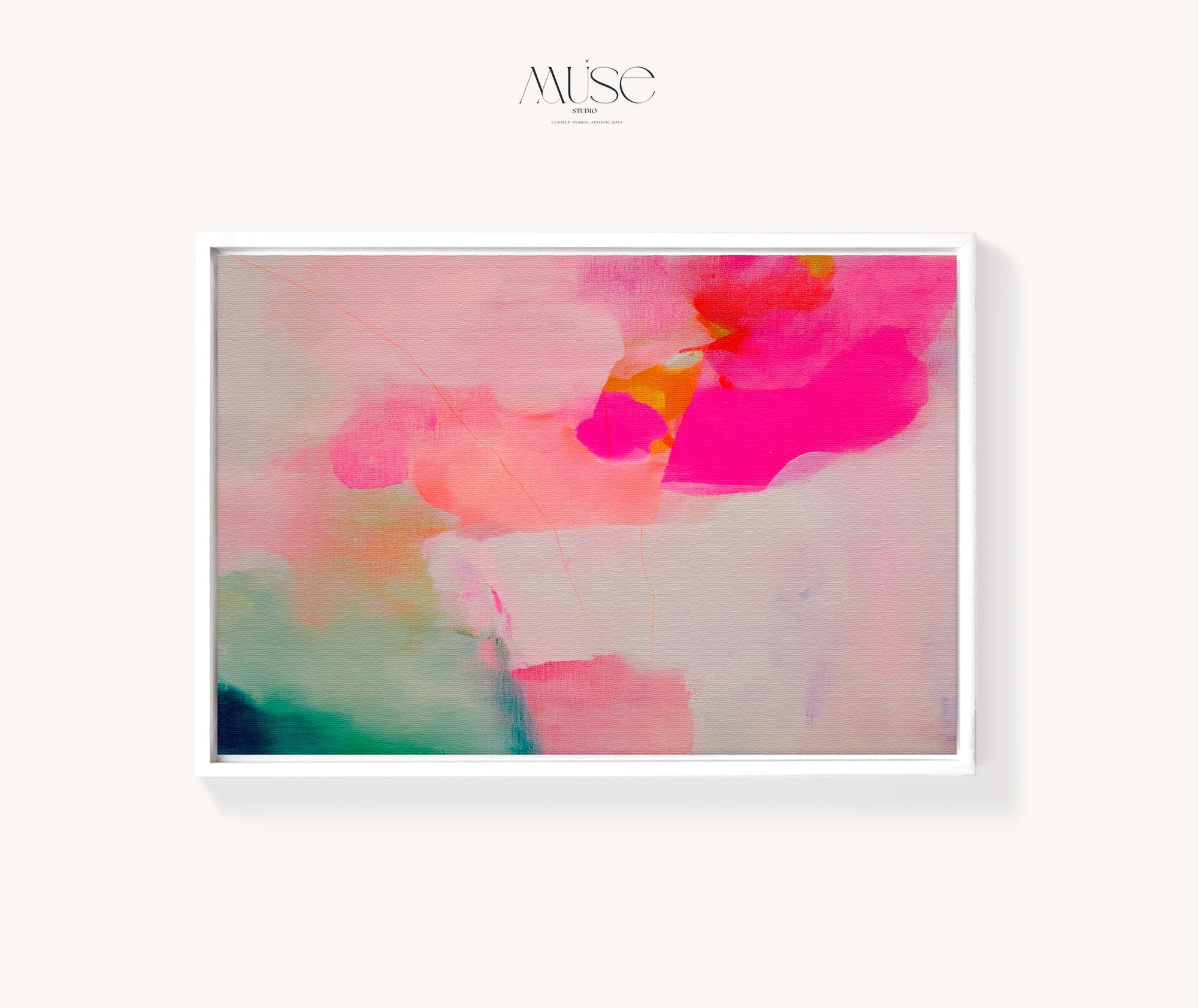 Bloom Aura No. 434 by Muse Studio & Co. pink coral, blush, mint green, and soft peach abstract wall art printed with museum-grade giclée inks on premium gallery-wrapped artist canvas and custom framed in premium wood float frame options including natural, white, black, antique gold, and antique silver, styled as oversized statement art in a modern designer living room.