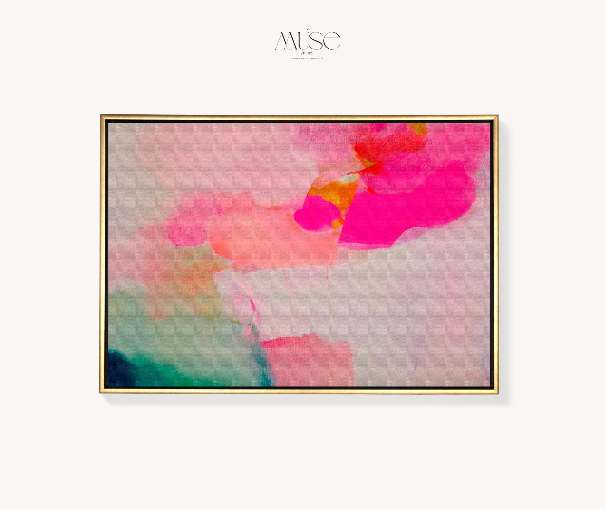 Bloom Aura No. 434 by Muse Studio & Co. pink coral, blush, mint green, and soft peach abstract wall art printed with museum-grade giclée inks on premium gallery-wrapped artist canvas and custom framed in premium wood float frame options including natural, white, black, antique gold, and antique silver, styled as oversized statement art in a modern designer living room.