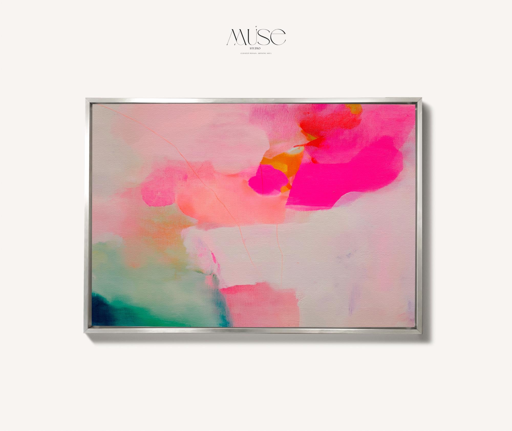 Bloom Aura No. 434 by Muse Studio & Co. pink coral, blush, mint green, and soft peach abstract wall art printed with museum-grade giclée inks on premium gallery-wrapped artist canvas and custom framed in premium wood float frame options including natural, white, black, antique gold, and antique silver, styled as oversized statement art in a modern designer living room.