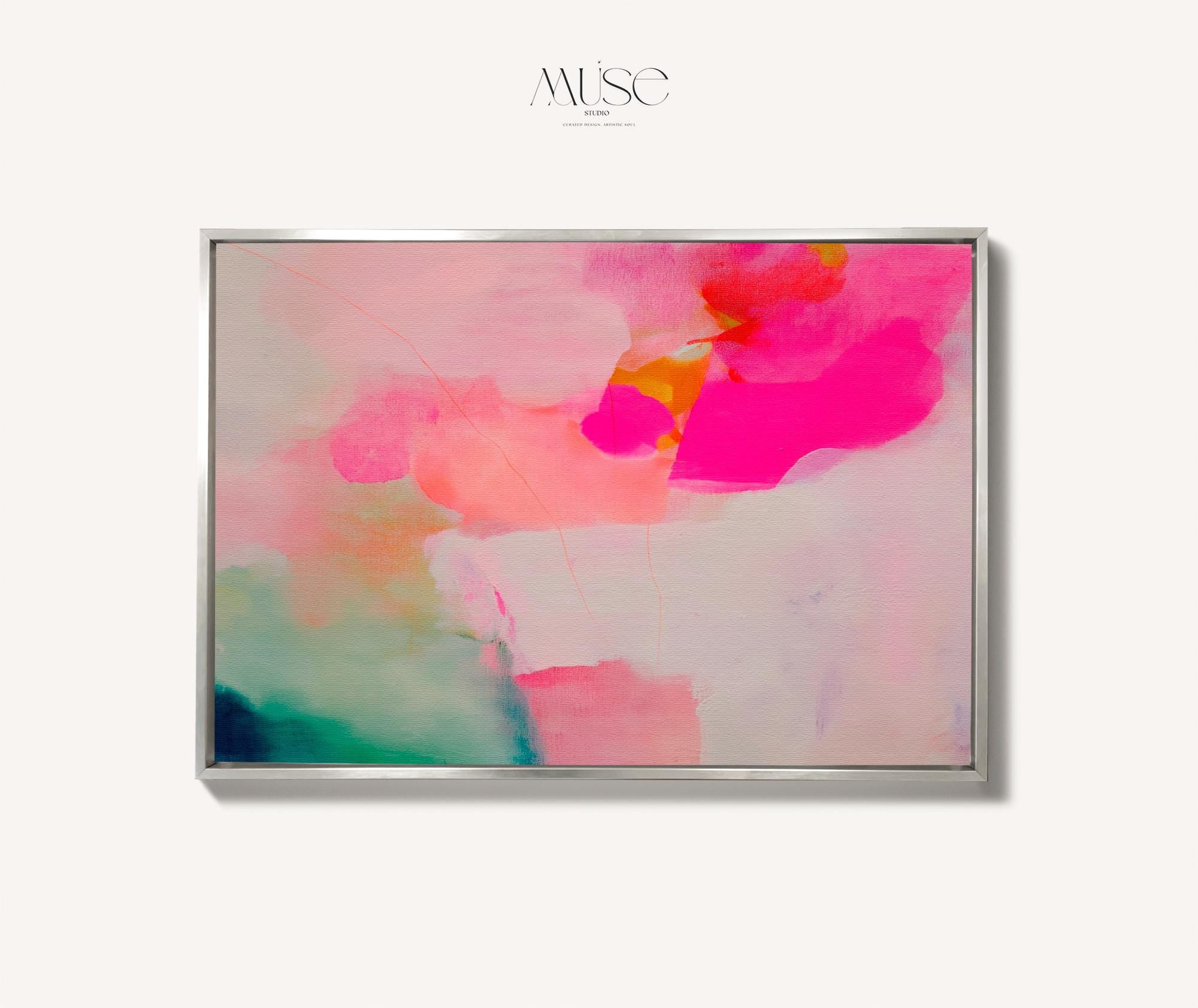 Bloom Aura No. 434 by Muse Studio & Co. pink coral, blush, mint green, and soft peach abstract wall art printed with museum-grade giclée inks on premium gallery-wrapped artist canvas and custom framed in premium wood float frame options including natural, white, black, antique gold, and antique silver, styled as oversized statement art in a modern designer living room.