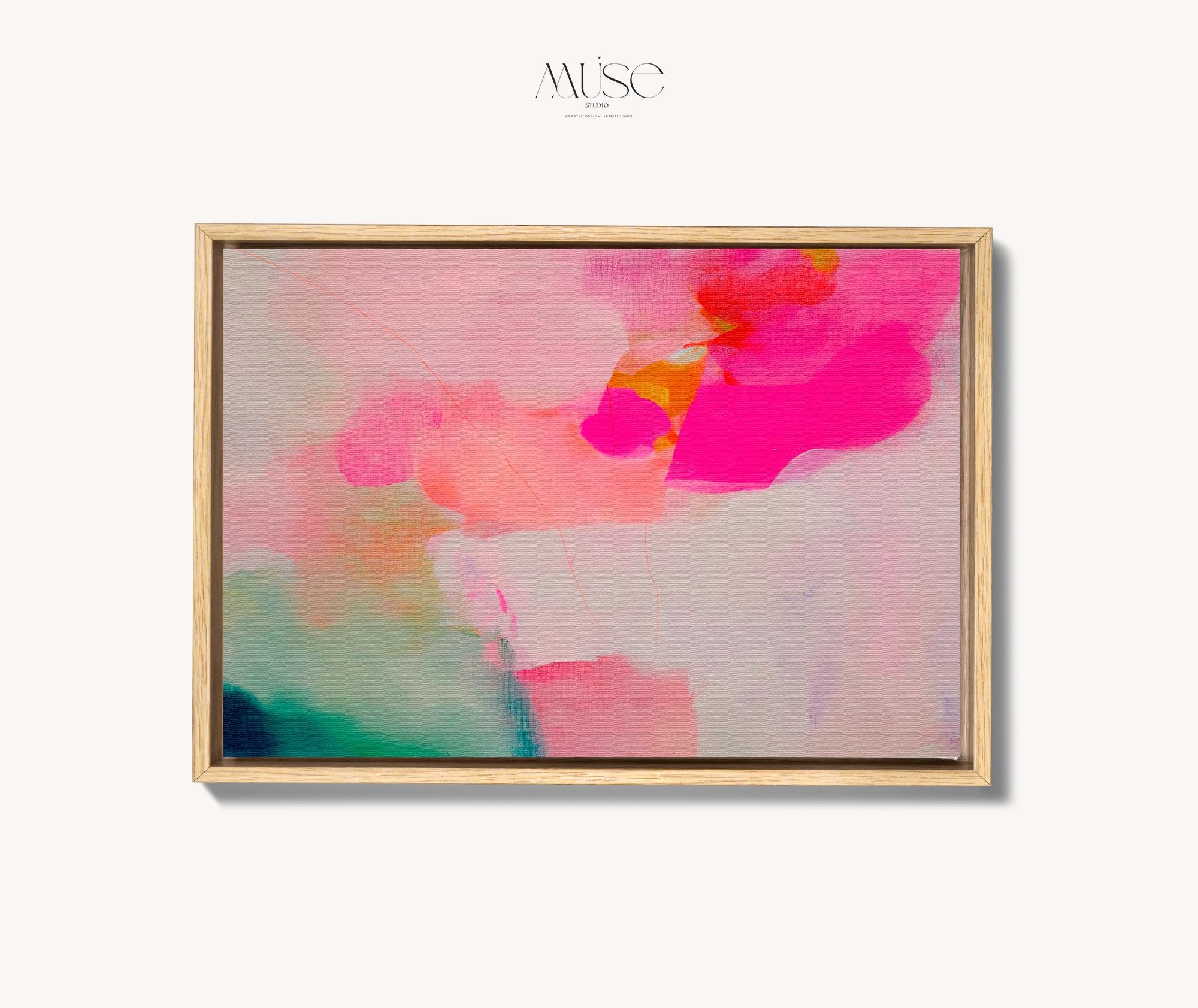 Bloom Aura No. 434 by Muse Studio & Co. pink coral, blush, mint green, and soft peach abstract wall art printed with museum-grade giclée inks on premium gallery-wrapped artist canvas and custom framed in premium wood float frame options including natural, white, black, antique gold, and antique silver, styled as oversized statement art in a modern designer living room.