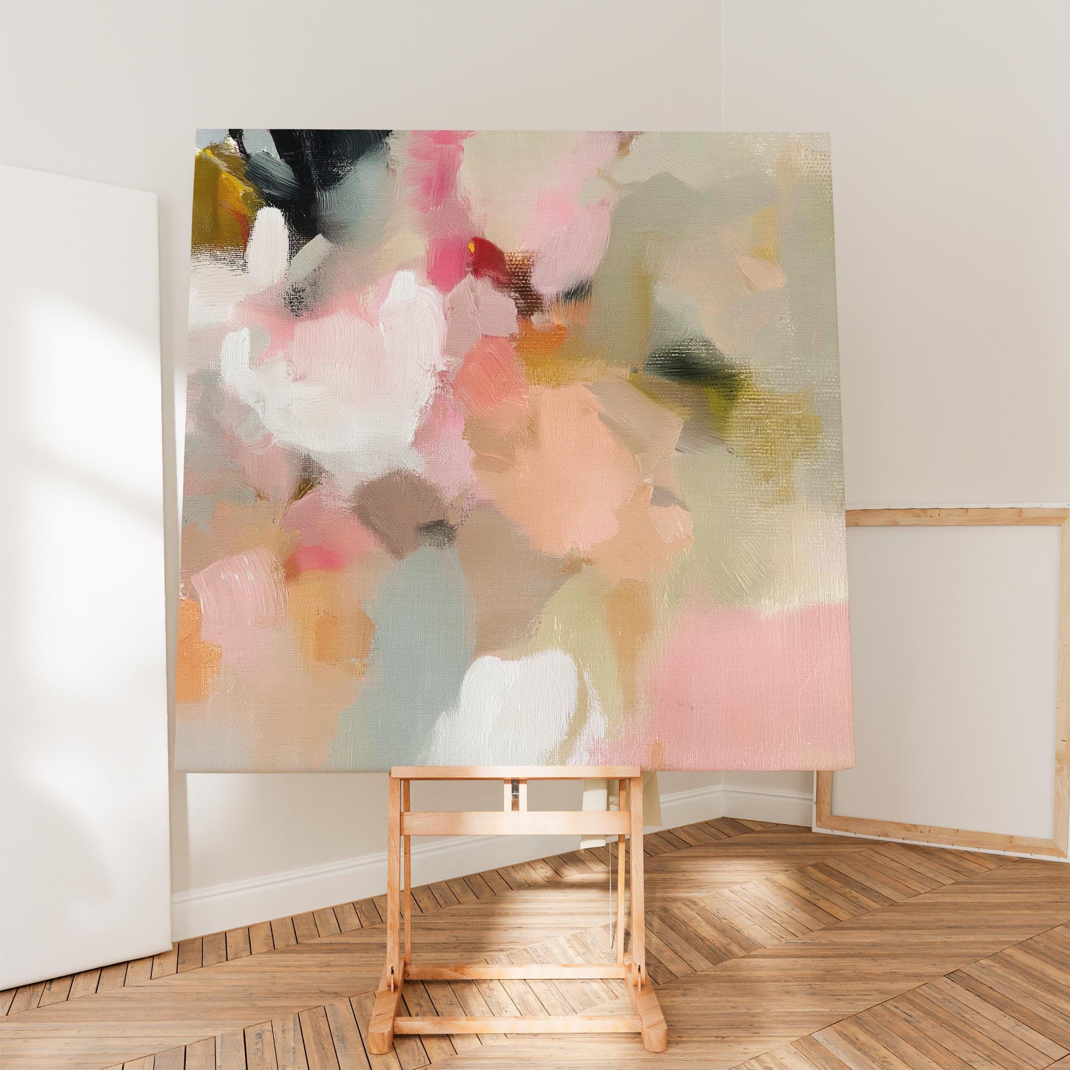 Spring Sonata No. 1047 by Muse Studio & Co. blush peach floral abstract canvas wall art printed with museum-grade giclée inks on premium gallery-wrapped artist canvas, styled above a linen bed in a serene contemporary bedroom.