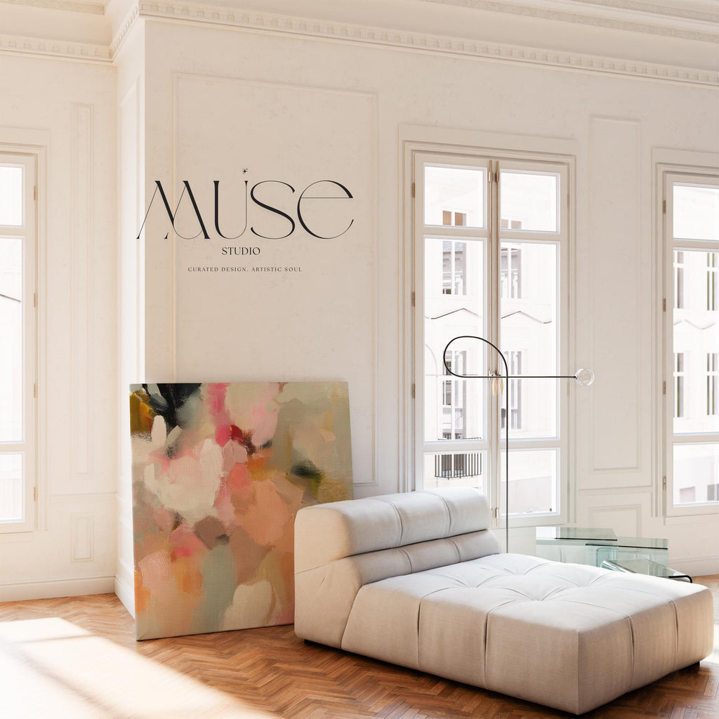 Spring Sonata No. 1047 by Muse Studio & Co. blush peach floral abstract canvas wall art printed with museum-grade giclée inks on premium gallery-wrapped artist canvas, styled above a linen bed in a serene contemporary bedroom.