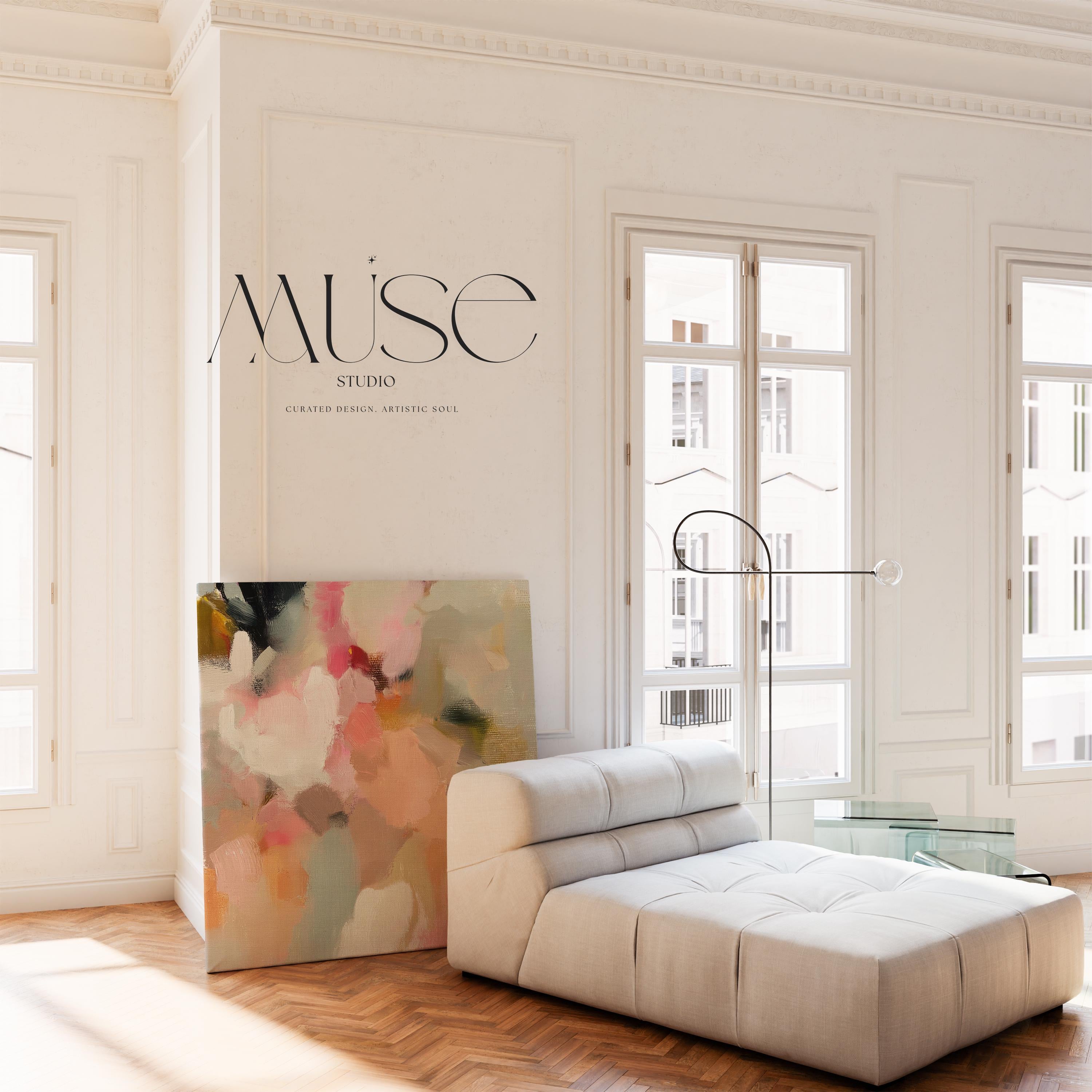 Spring Sonata No. 1047 by Muse Studio & Co. blush peach floral abstract canvas wall art printed with museum-grade giclée inks on premium gallery-wrapped artist canvas, styled above a linen bed in a serene contemporary bedroom.