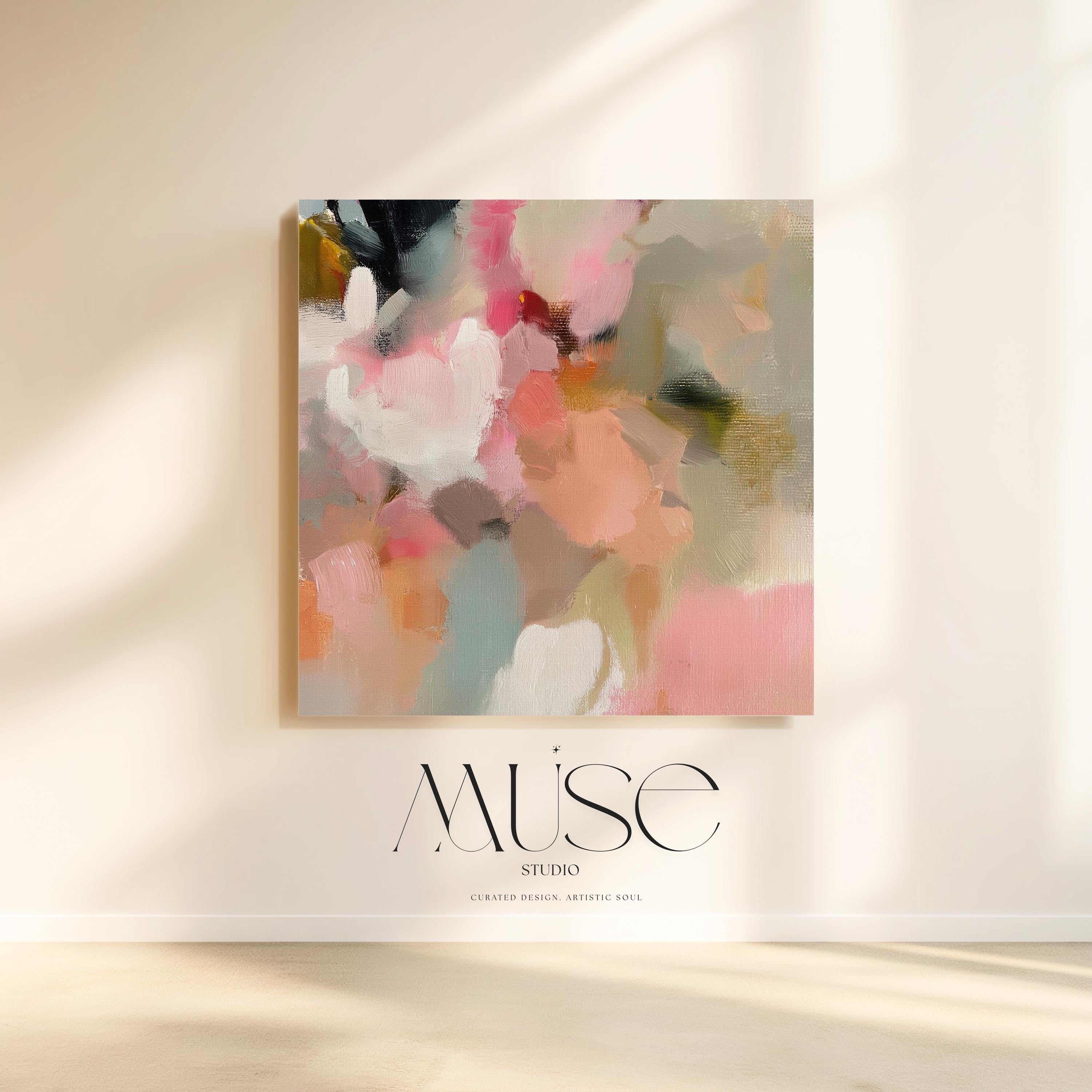 Spring Sonata No. 1047 by Muse Studio & Co. blush peach floral abstract canvas wall art printed with museum-grade giclée inks on premium gallery-wrapped artist canvas, styled above a linen bed in a serene contemporary bedroom.