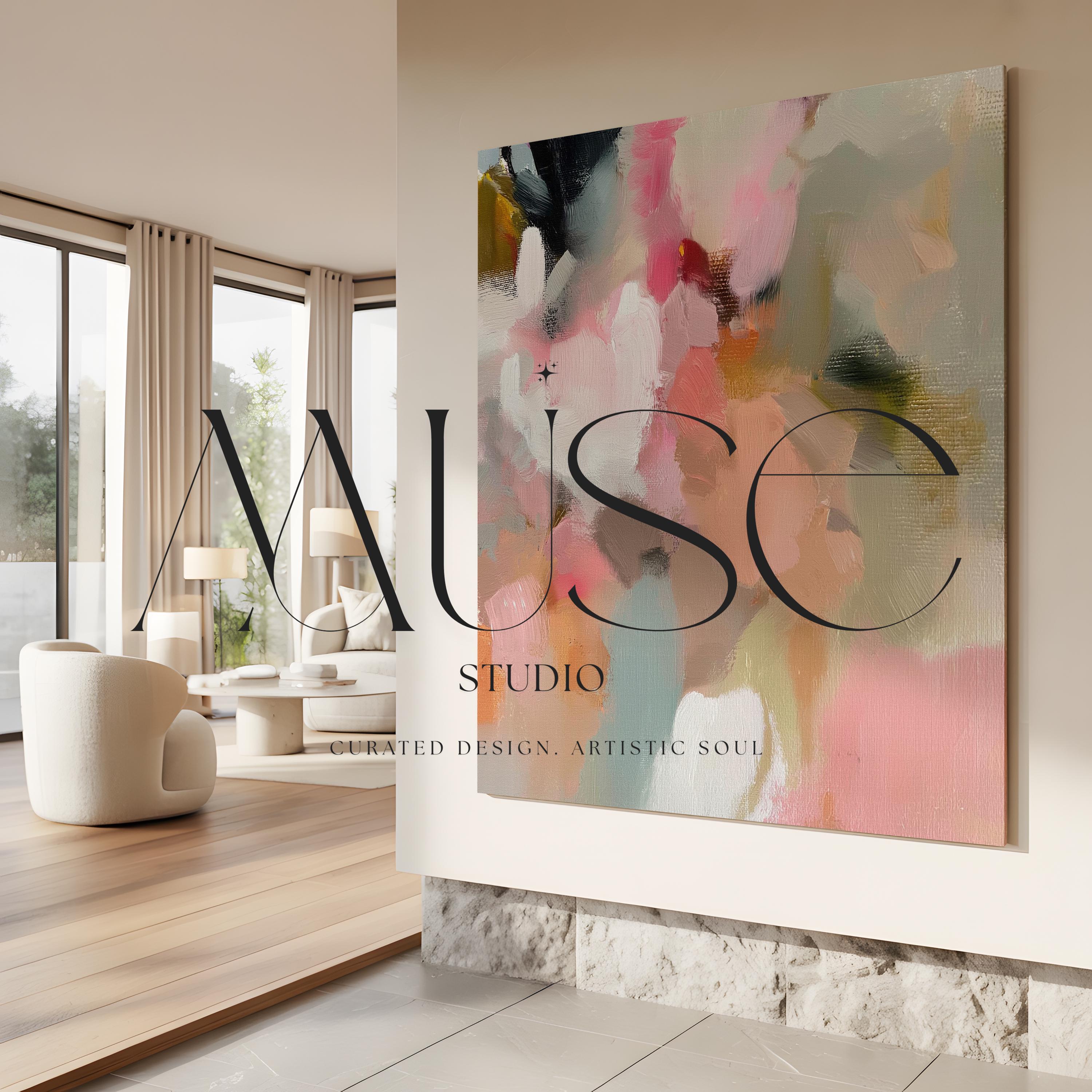 Spring Sonata No. 1047 by Muse Studio & Co. blush peach floral abstract canvas wall art printed with museum-grade giclée inks on premium gallery-wrapped artist canvas, styled above a linen bed in a serene contemporary bedroom.