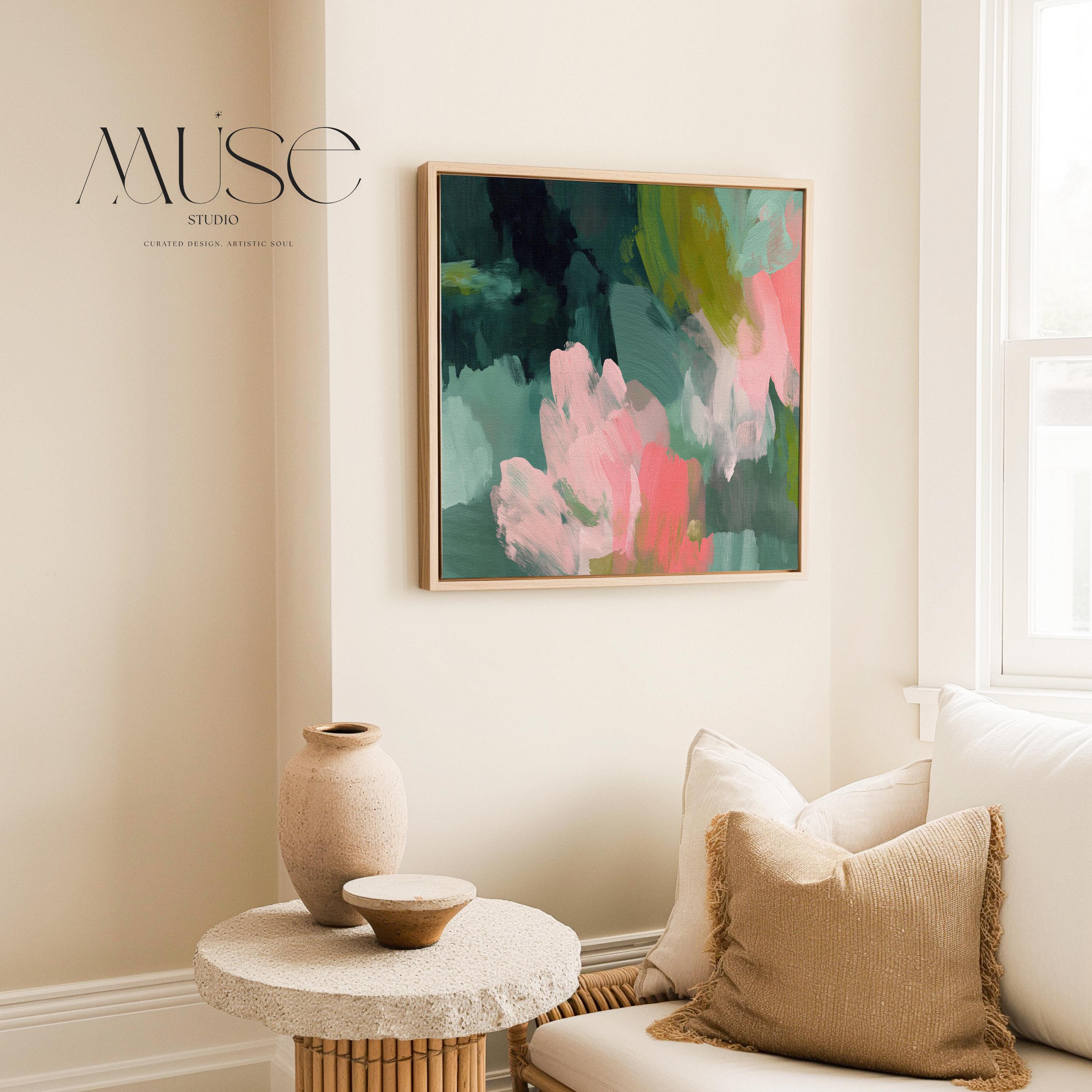 Tidal Melody No. 1038 by Muse Studio & Co. teal blush pink abstract wall art printed with museum-grade giclée inks on premium gallery-wrapped cotton canvas and custom framed in natural, white, black, antique gold, or antique silver float frames to complement any decor style, styled above a neutral linen sofa in a curated living room with organic modern interiors.