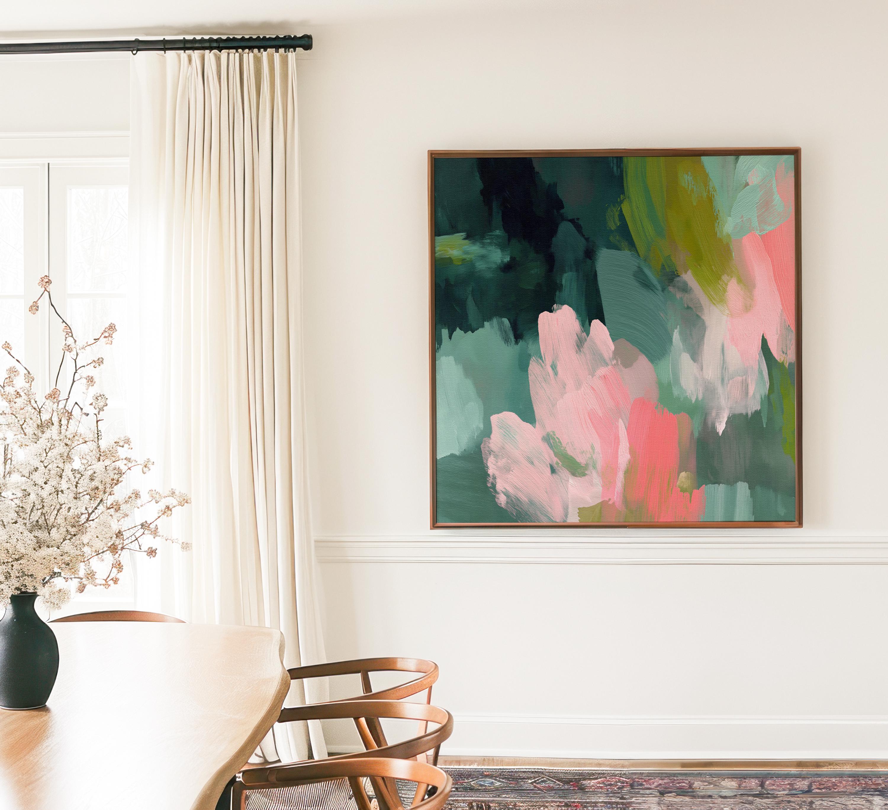 Tidal Melody No. 1038 by Muse Studio & Co. teal blush pink abstract wall art printed with museum-grade giclée inks on premium gallery-wrapped cotton canvas and custom framed in natural, white, black, antique gold, or antique silver float frames to complement any decor style, styled above a neutral linen sofa in a curated living room with organic modern interiors.