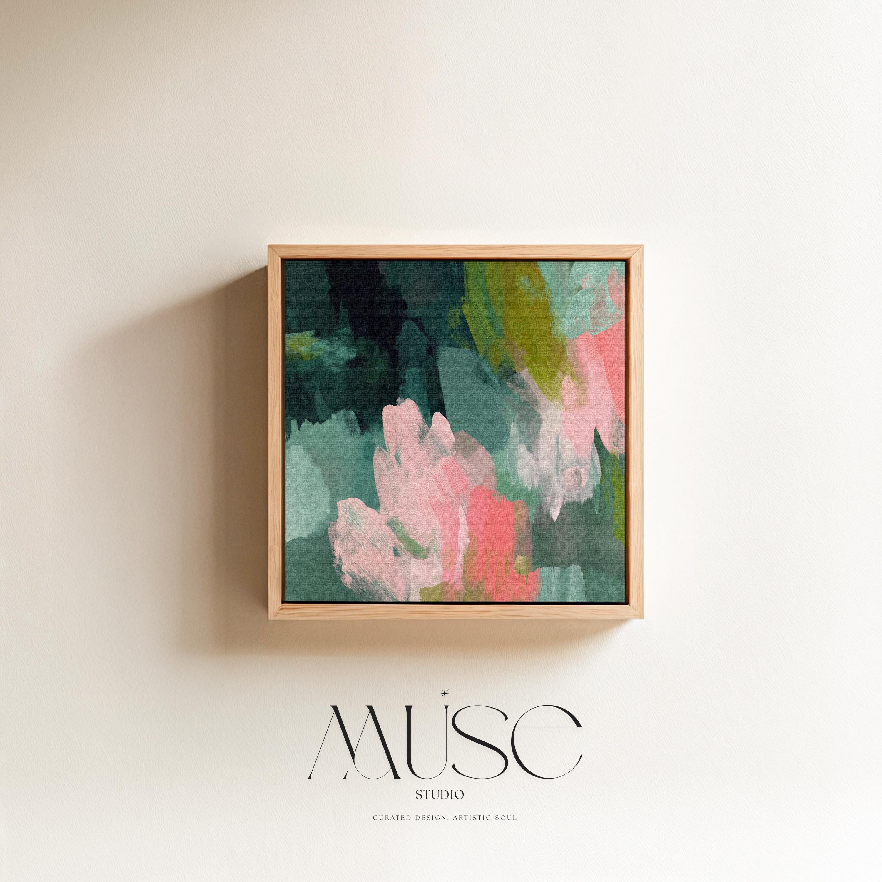 Tidal Melody No. 1038 by Muse Studio & Co. teal blush pink abstract wall art printed with museum-grade giclée inks on premium gallery-wrapped cotton canvas and custom framed in natural, white, black, antique gold, or antique silver float frames to complement any decor style, styled above a neutral linen sofa in a curated living room with organic modern interiors.