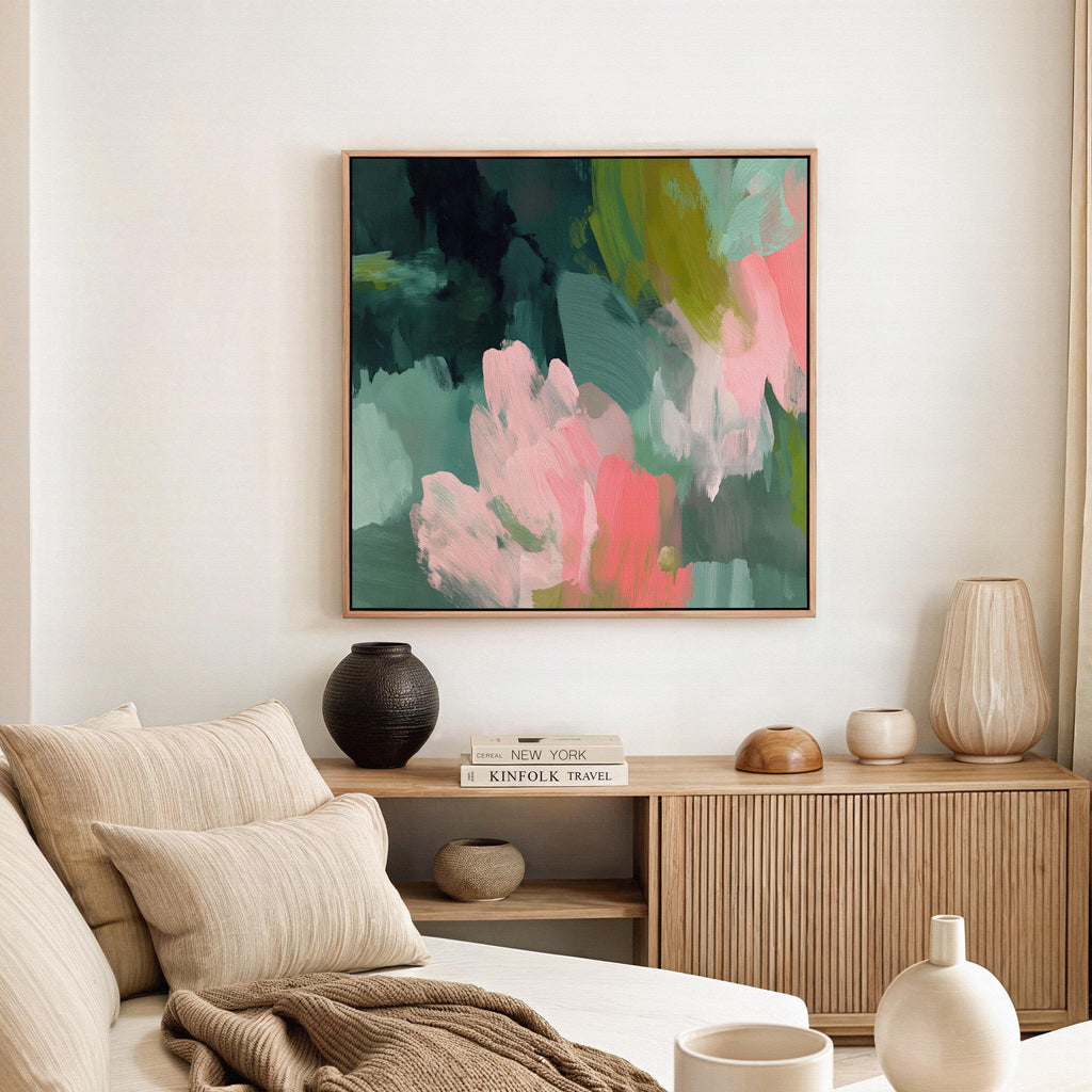 Tidal Melody No. 1038 by Muse Studio & Co. teal blush pink abstract wall art printed with museum-grade giclée inks on premium gallery-wrapped cotton canvas and custom framed in natural, white, black, antique gold, or antique silver float frames to complement any decor style, styled above a neutral linen sofa in a curated living room with organic modern interiors.