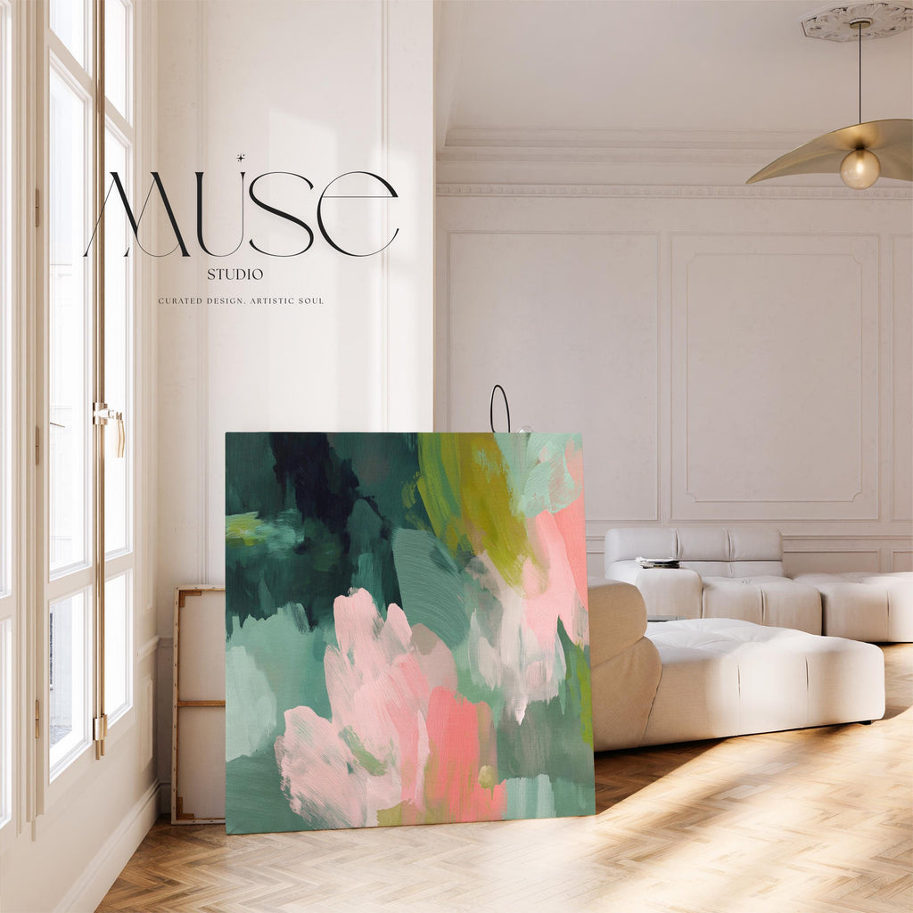 Tidal Melody No. 1038 by Muse Studio & Co. teal blush pink abstract canvas wall art printed with museum-grade giclée inks on premium gallery-wrapped artist canvas, styled above a neutral bed in a serene contemporary bedroom.
