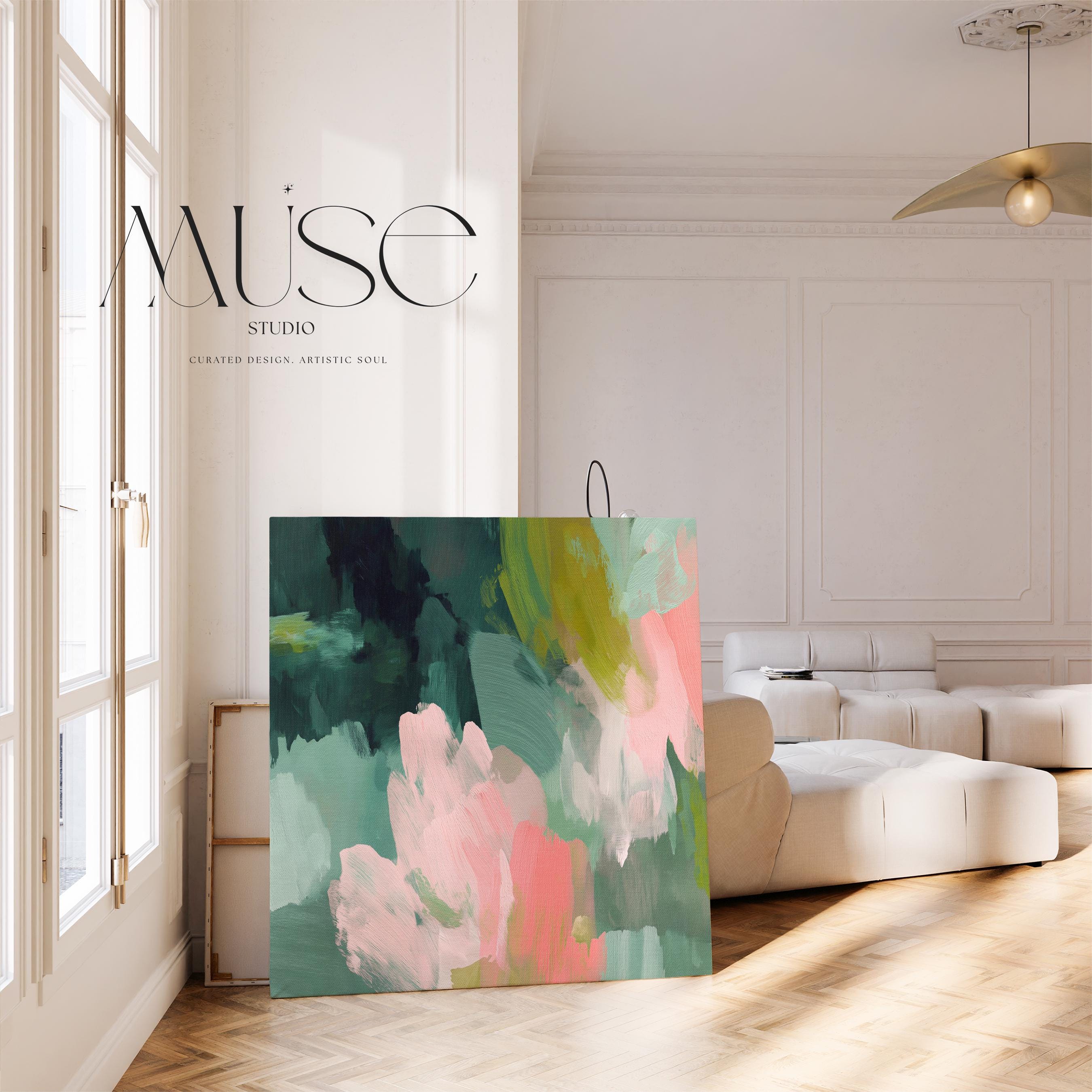 Tidal Melody No. 1038 by Muse Studio & Co. teal blush pink abstract canvas wall art printed with museum-grade giclée inks on premium gallery-wrapped artist canvas, styled above a neutral bed in a serene contemporary bedroom.