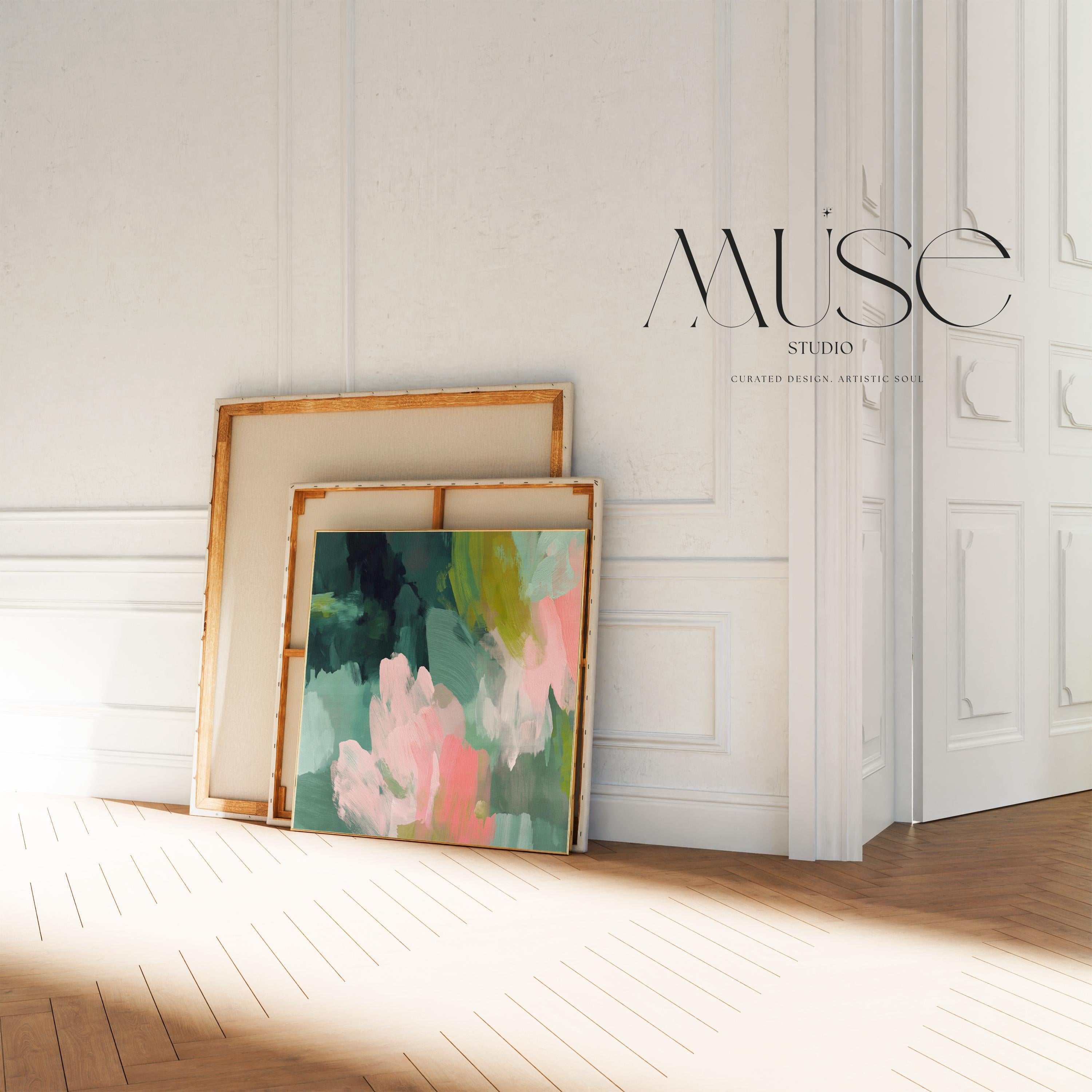Tidal Melody No. 1038 by Muse Studio & Co. teal blush pink abstract canvas wall art printed with museum-grade giclée inks on premium gallery-wrapped artist canvas, styled above a neutral bed in a serene contemporary bedroom.