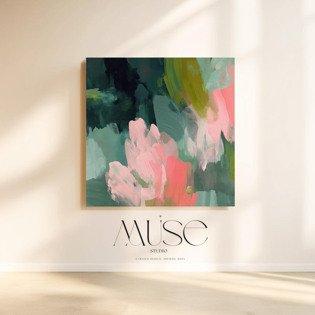 Tidal Melody No. 1038 by Muse Studio & Co. teal blush pink abstract canvas wall art printed with museum-grade giclée inks on premium gallery-wrapped artist canvas, styled above a neutral bed in a serene contemporary bedroom.