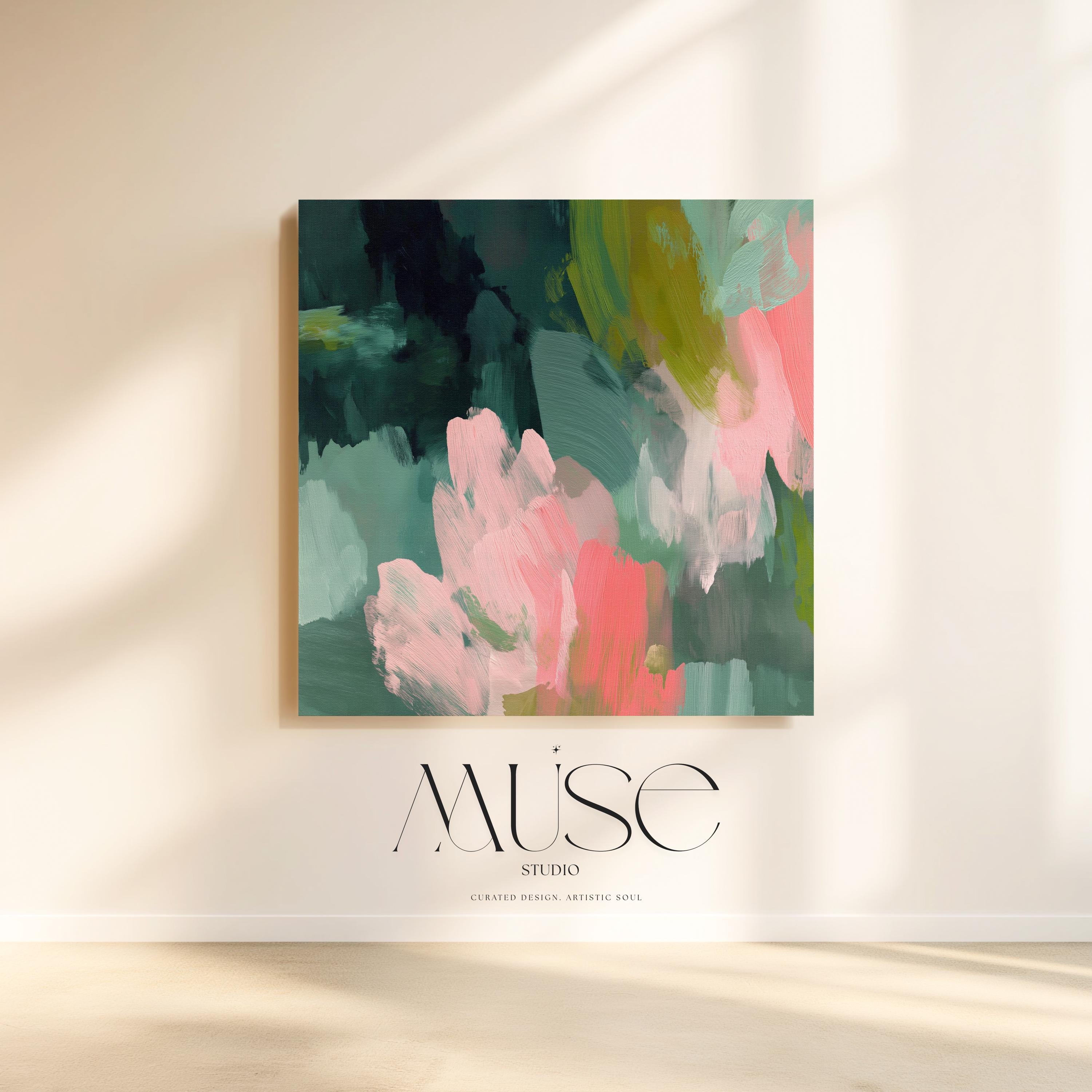 Tidal Melody No. 1038 by Muse Studio & Co. teal blush pink abstract canvas wall art printed with museum-grade giclée inks on premium gallery-wrapped artist canvas, styled above a neutral bed in a serene contemporary bedroom.
