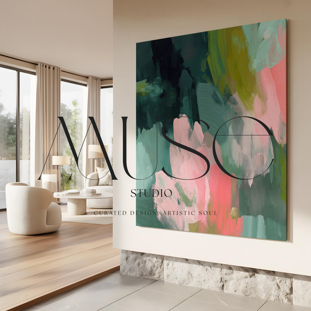 Tidal Melody No. 1038 by Muse Studio & Co. teal blush pink abstract canvas wall art printed with museum-grade giclée inks on premium gallery-wrapped artist canvas, styled above a neutral bed in a serene contemporary bedroom.