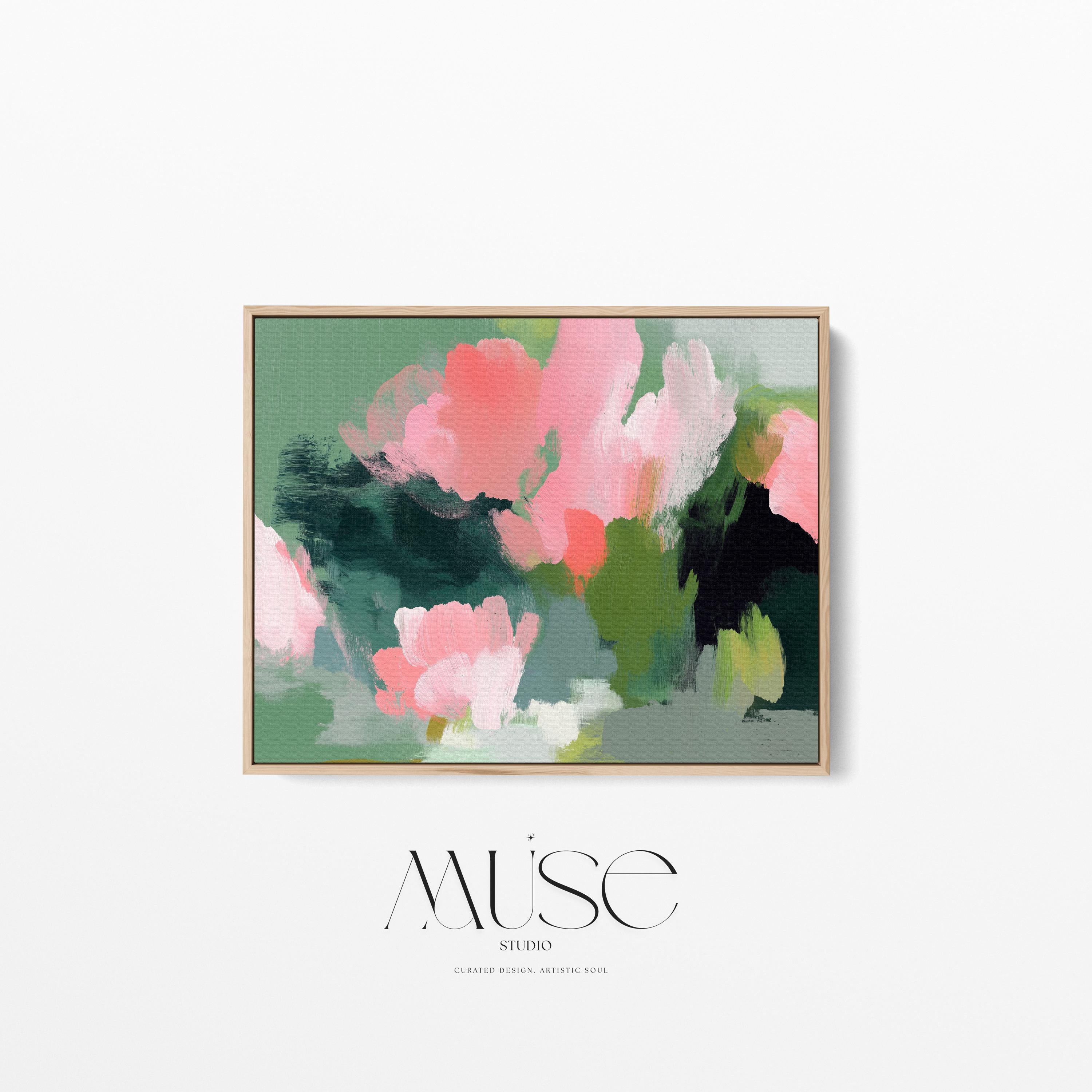 Coral Bloom No. 1040 by Muse Studio & Co. coral pink floral wall art with blush and sage abstract botanical brushwork printed with museum-grade giclée inks on premium gallery-wrapped cotton canvas and custom framed in natural, white, black, antique gold, or antique silver float frames to complement any decor style, styled in a coastal tropical beach home living room with light wood floors and airy interiors.
