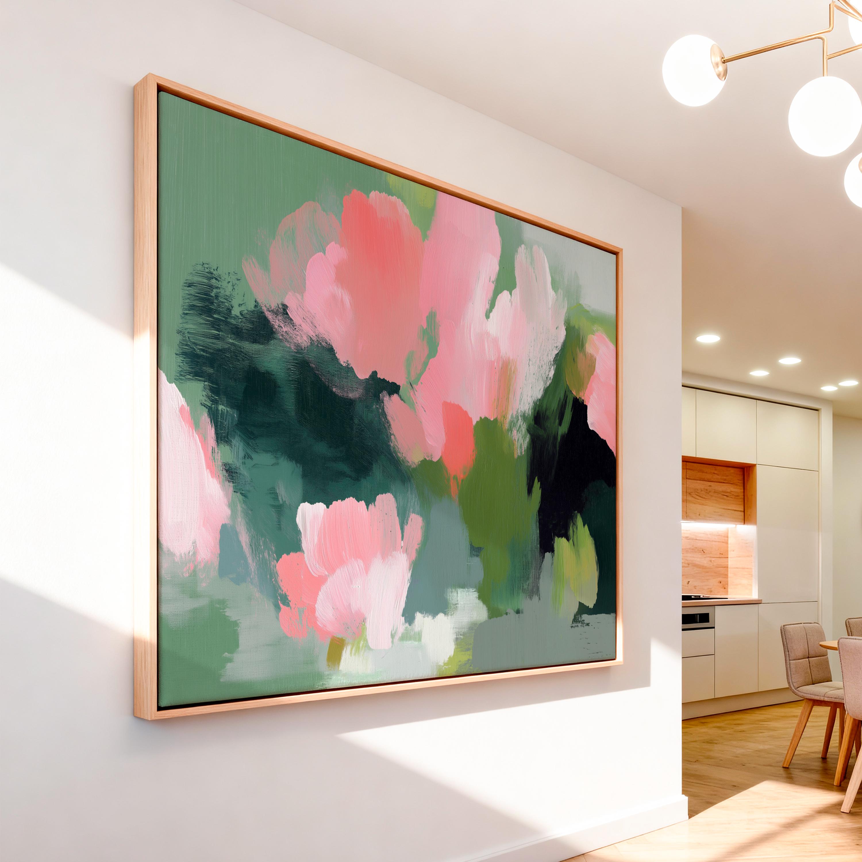 Coral Bloom No. 1040 by Muse Studio & Co. coral pink floral wall art with blush and sage abstract botanical brushwork printed with museum-grade giclée inks on premium gallery-wrapped cotton canvas and custom framed in natural, white, black, antique gold, or antique silver float frames to complement any decor style, styled in a coastal tropical beach home living room with light wood floors and airy interiors.