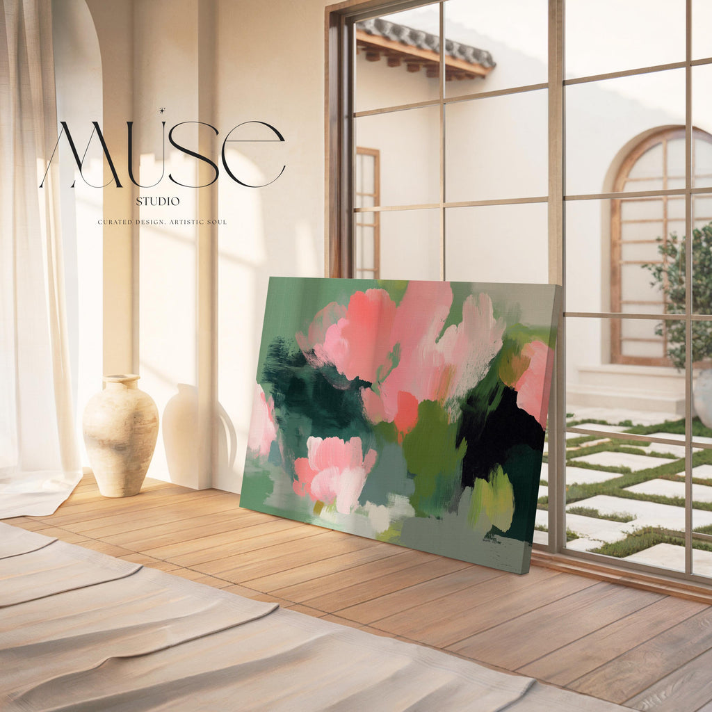 Coral Bloom No. 1040 by Muse Studio & Co. coral blush pink floral abstract canvas wall art printed with museum-grade giclée inks on premium gallery-wrapped artist canvas with optional natural, white, black, antique gold, or antique silver float frames to match any decor style, styled in a coastal tropical beach bedroom with soft neutral linens and breezy interiors.