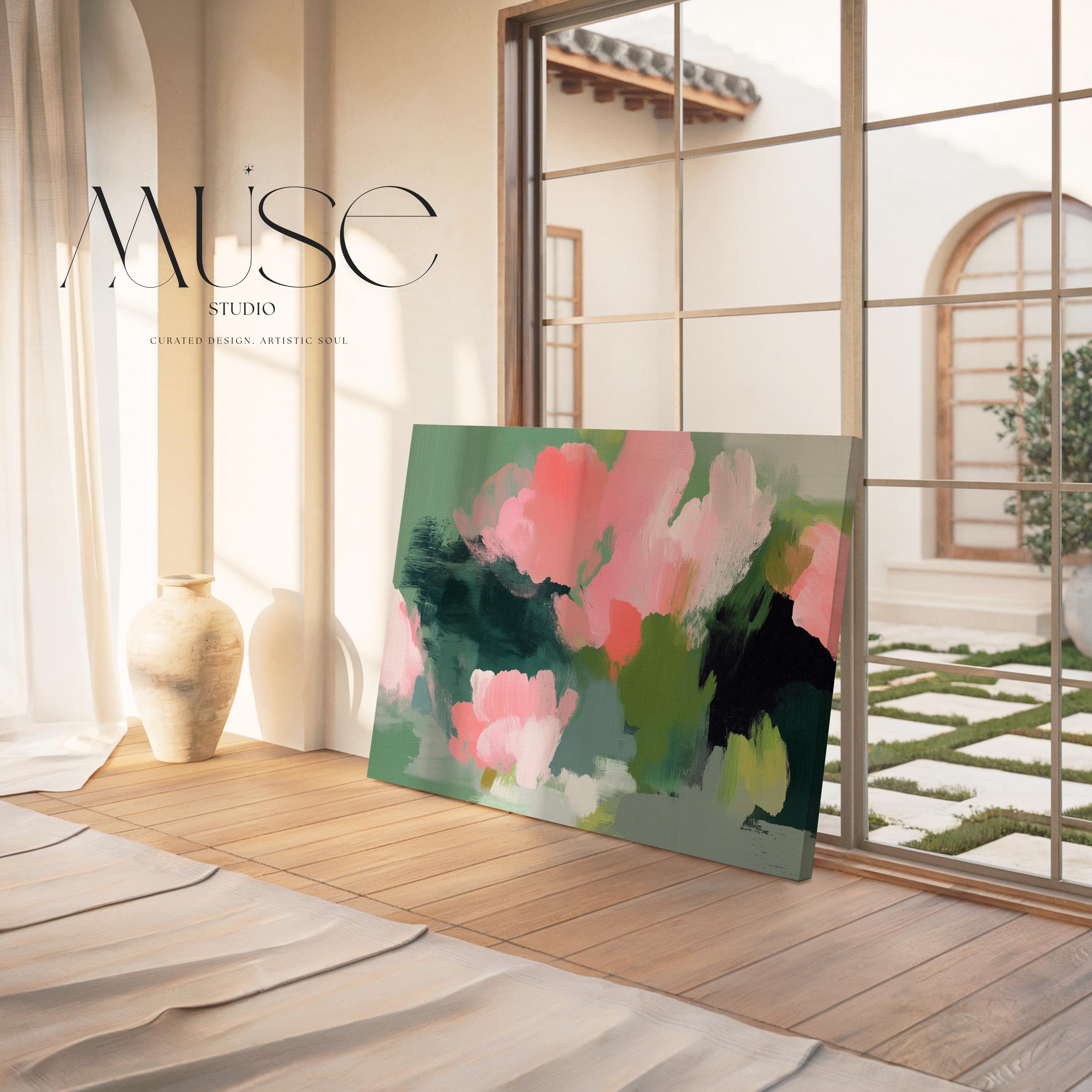Coral Bloom No. 1040 by Muse Studio & Co. coral blush pink floral abstract canvas wall art printed with museum-grade giclée inks on premium gallery-wrapped artist canvas with optional natural, white, black, antique gold, or antique silver float frames to match any decor style, styled in a coastal tropical beach bedroom with soft neutral linens and breezy interiors.