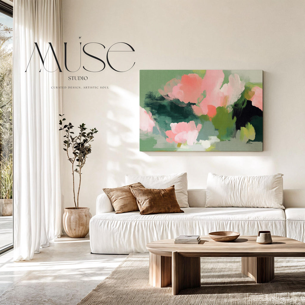 Coral Bloom No. 1040 by Muse Studio & Co. coral blush pink floral abstract canvas wall art printed with museum-grade giclée inks on premium gallery-wrapped artist canvas with optional natural, white, black, antique gold, or antique silver float frames to match any decor style, styled in a coastal tropical beach bedroom with soft neutral linens and breezy interiors.