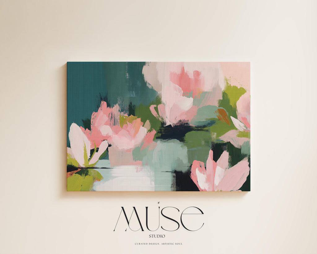 Magnolia Reverie No. 1037 by Muse Studio & Co. blush pink magnolia floral canvas wall art with sage green and deep teal botanical brushwork printed with museum-grade giclée inks on premium gallery-wrapped artist canvas with optional natural, white, black, antique gold, or antique silver float frames to match any decor style, styled in a coastal tropical beach bedroom with soft neutral linens and breezy interiors.