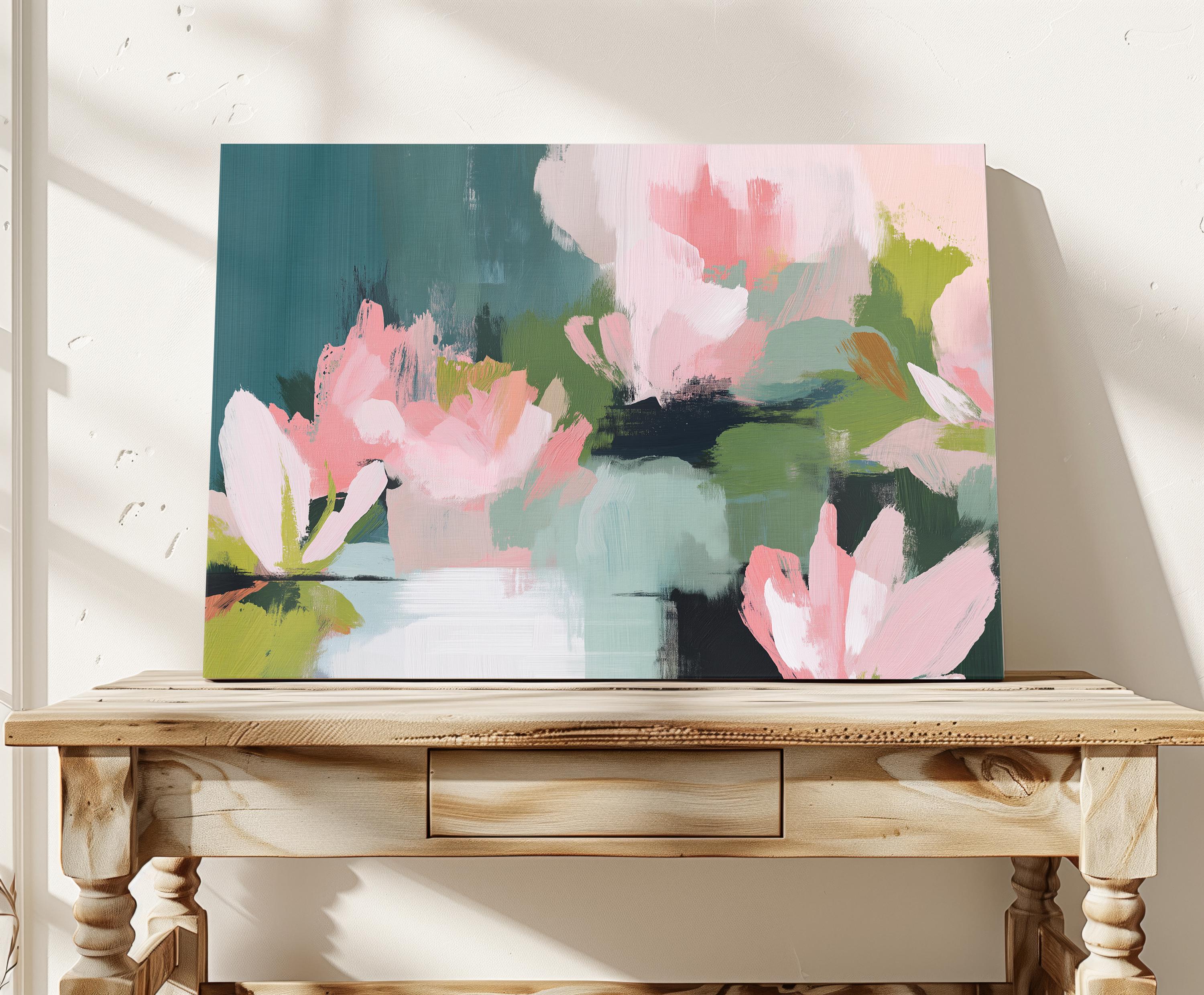 Magnolia Reverie No. 1037 by Muse Studio & Co. blush pink magnolia floral canvas wall art with sage green and deep teal botanical brushwork printed with museum-grade giclée inks on premium gallery-wrapped artist canvas with optional natural, white, black, antique gold, or antique silver float frames to match any decor style, styled in a coastal tropical beach bedroom with soft neutral linens and breezy interiors.