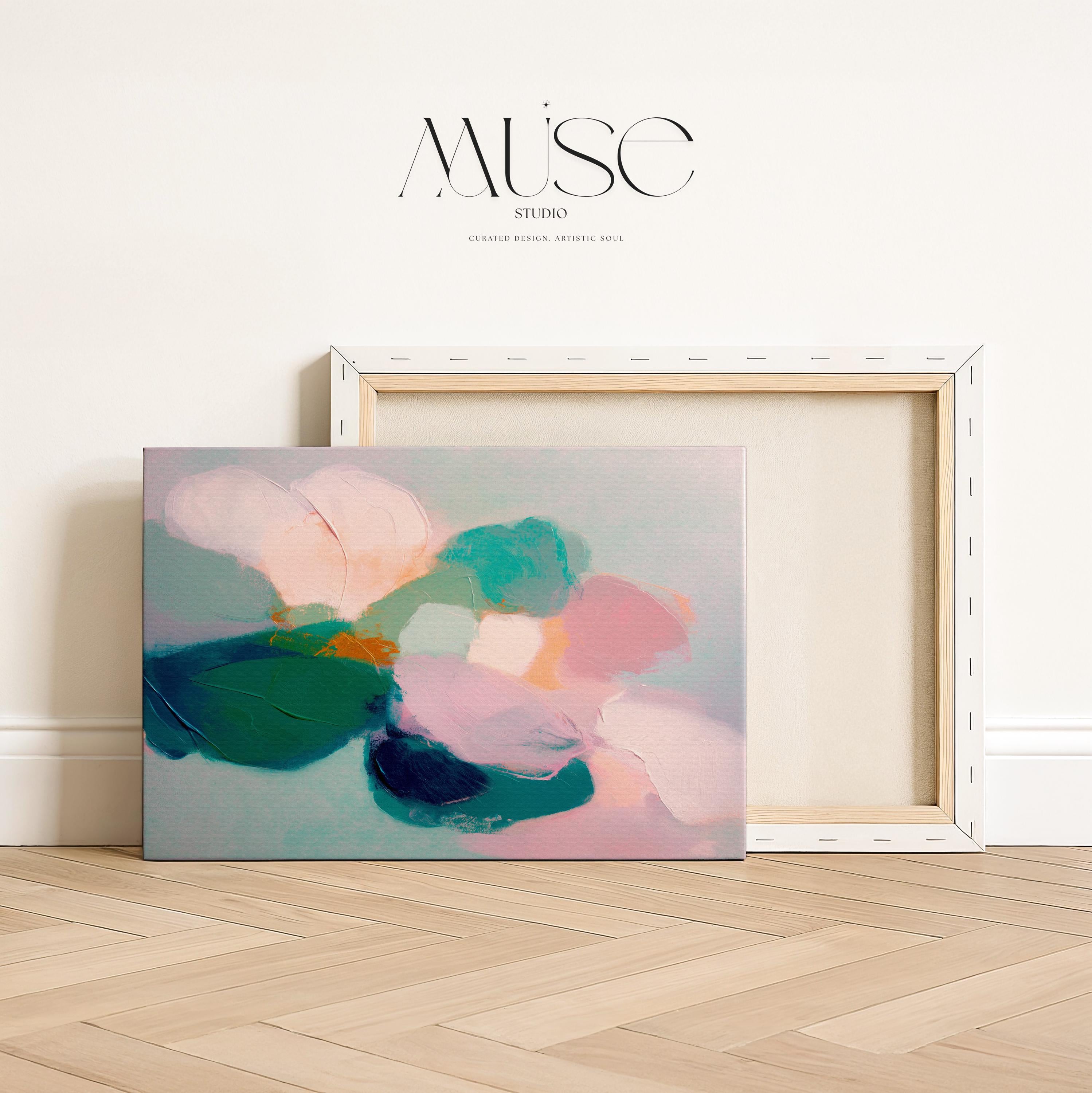 Aurora Muse 001 by Muse Studio — large horizontal floral abstract wall art in pink, teal, and coral tones on premium gallery-wrapped artist canvas with museum-grade giclée inks. Available framed or unframed with custom wood float frames in natural, white, black, antique gold, or silver for modern preppy interiors.