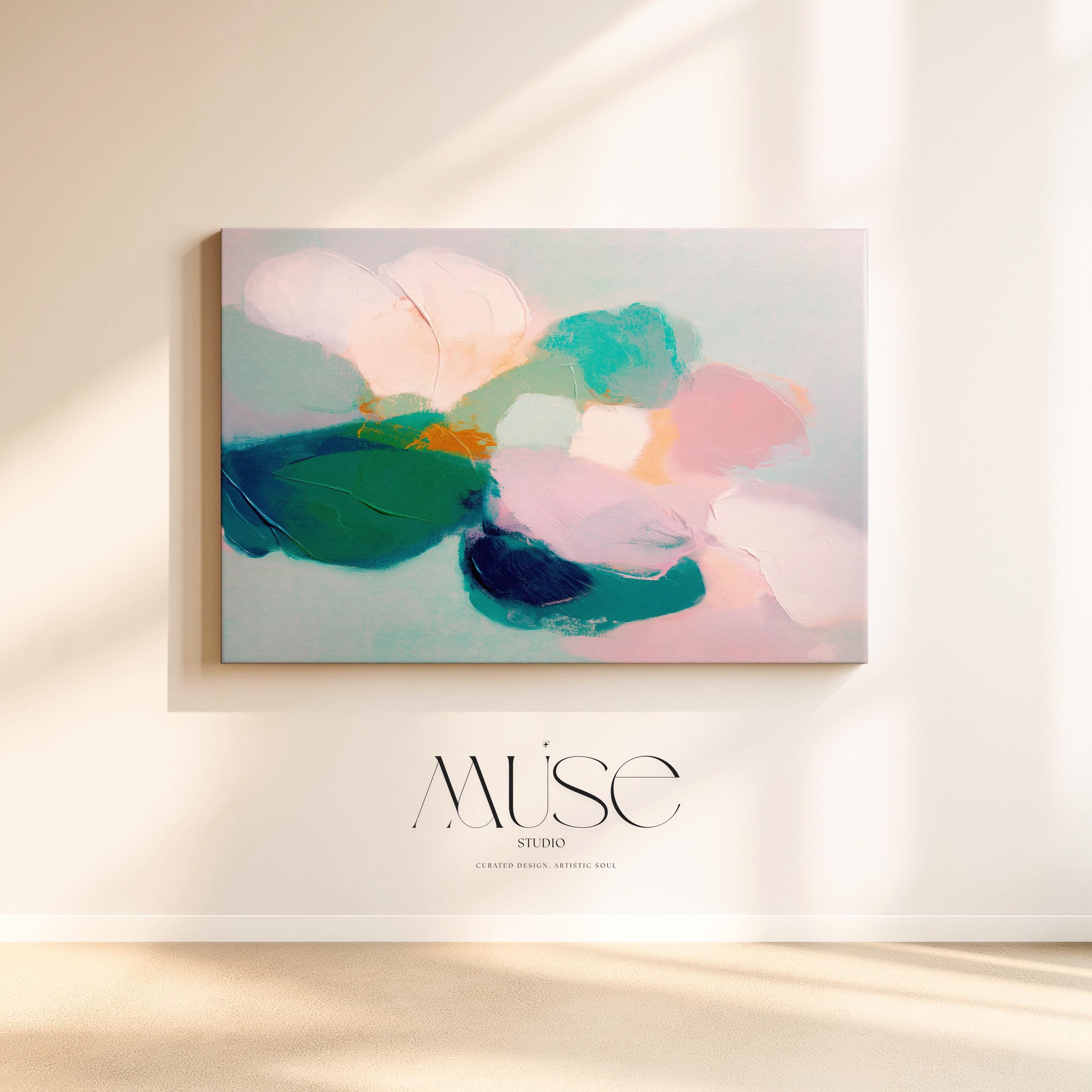 Aurora Muse 001 by Muse Studio — large horizontal floral abstract wall art in pink, teal, and coral tones on premium gallery-wrapped artist canvas with museum-grade giclée inks. Available framed or unframed with custom wood float frames in natural, white, black, antique gold, or silver for modern preppy interiors.
