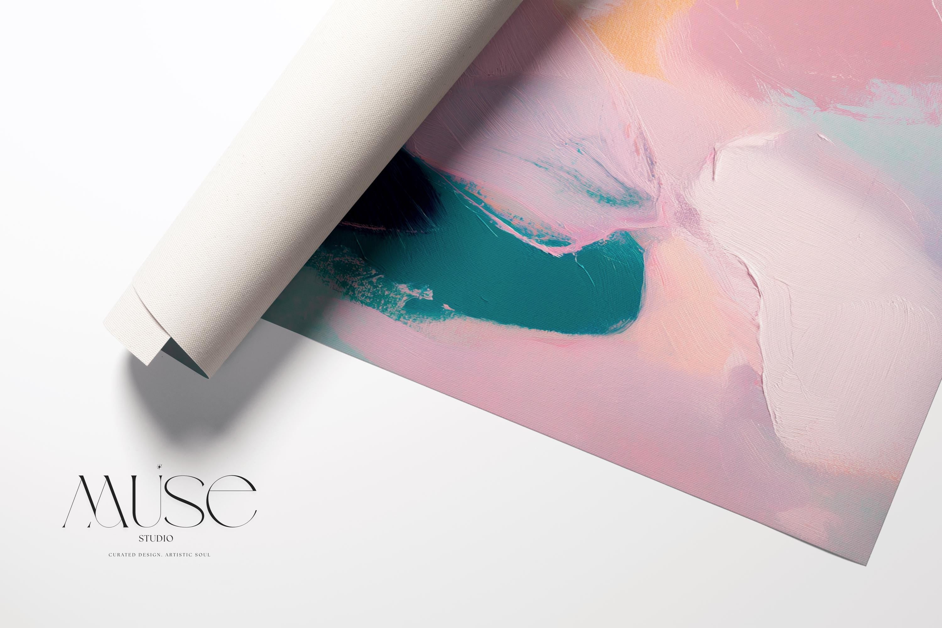 Aurora Muse 001 by Muse Studio — large horizontal floral abstract wall art in pink, teal, and coral tones on premium gallery-wrapped artist canvas with museum-grade giclée inks. Available framed or unframed with custom wood float frames in natural, white, black, antique gold, or silver for modern preppy interiors.