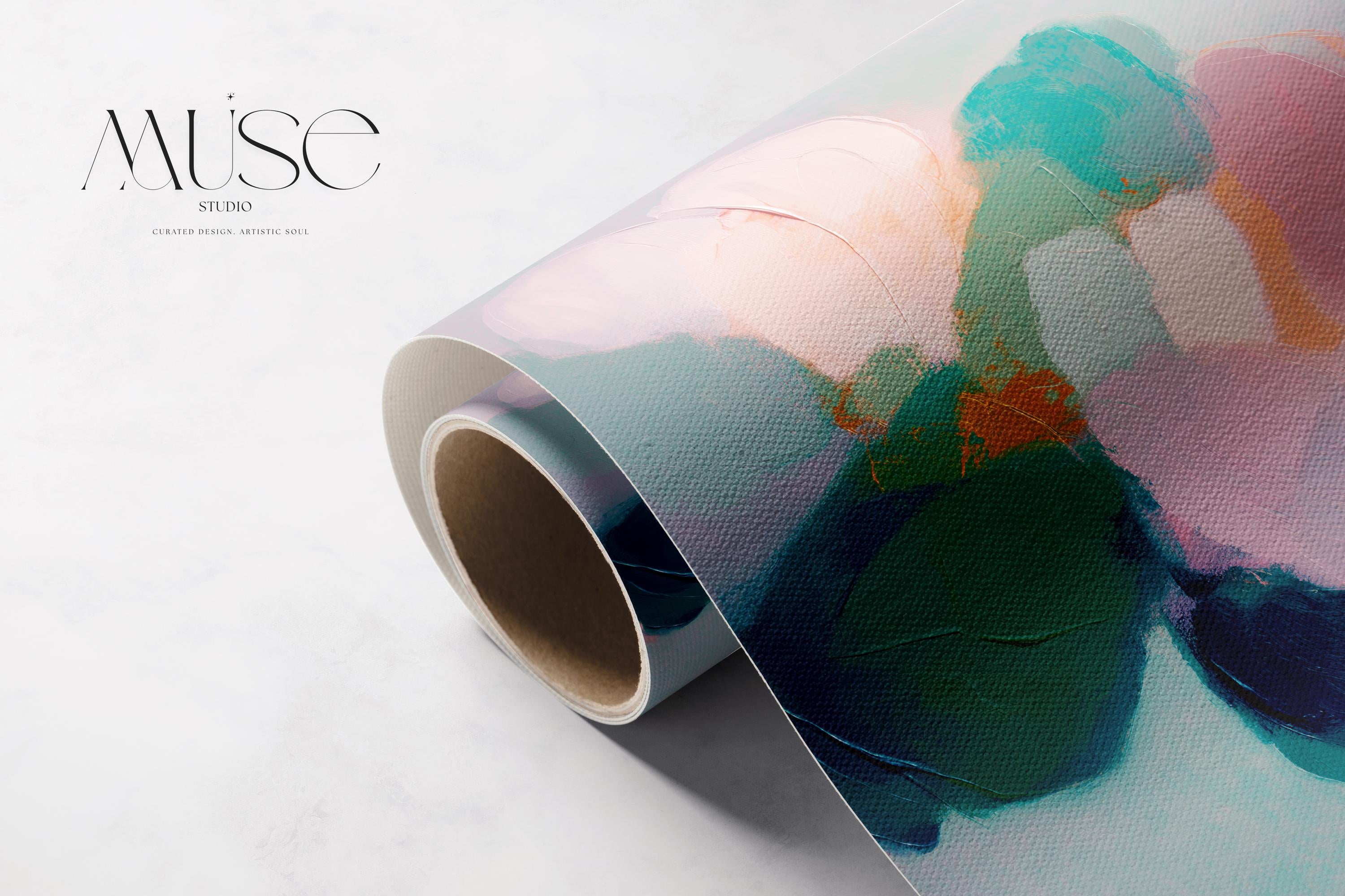 Aurora Muse 001 by Muse Studio — large horizontal floral abstract wall art in pink, teal, and coral tones on premium gallery-wrapped artist canvas with museum-grade giclée inks. Available framed or unframed with custom wood float frames in natural, white, black, antique gold, or silver for modern preppy interiors.