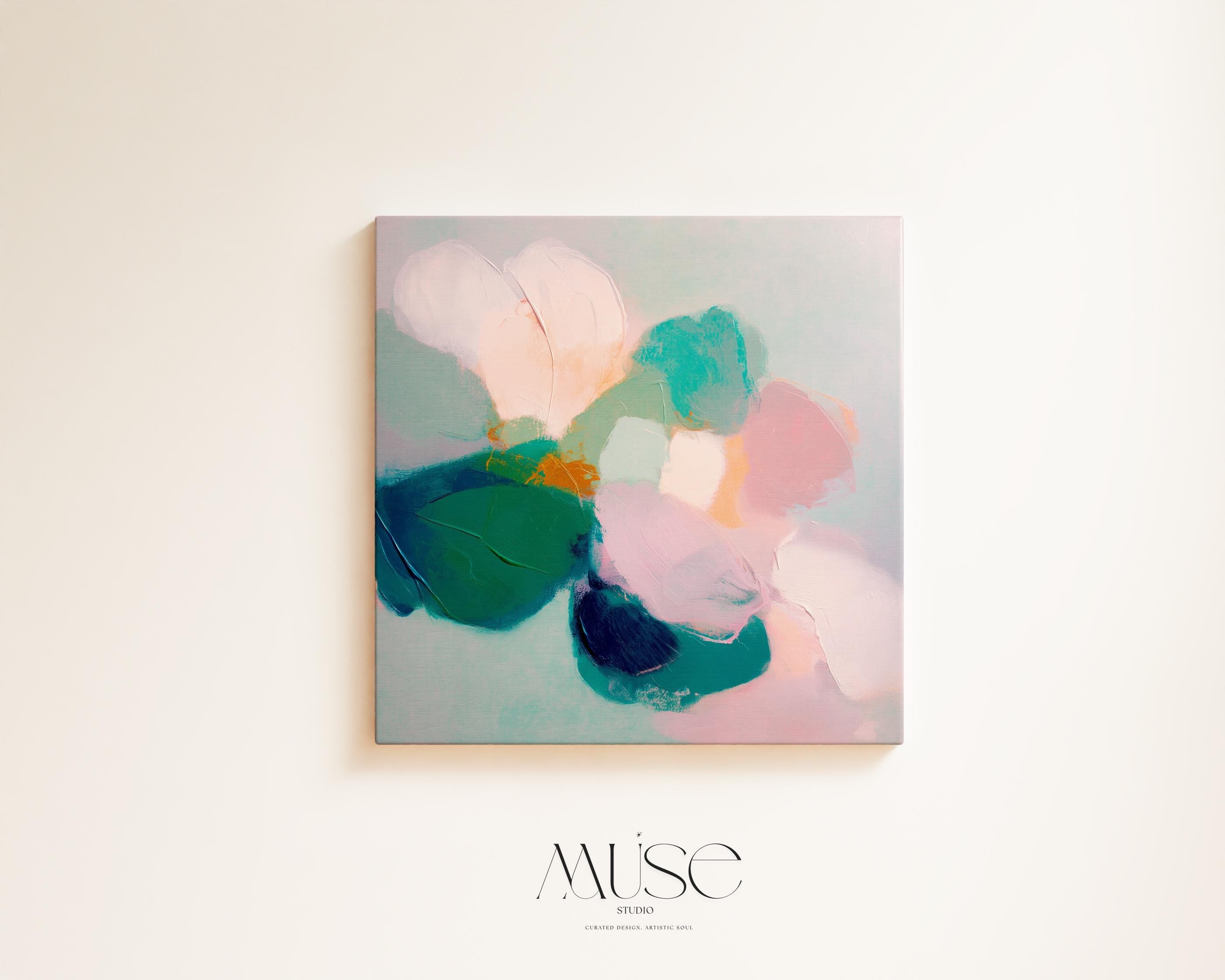 Aurora Muse 001 by Muse Studio — large horizontal romantic botanical canvas wall art in pink, teal, and coral tones on premium gallery-wrapped artist canvas with museum-grade giclée inks, available framed or unframed with custom wood float frames in natural, white, black, antique gold, or silver for serene designer interiors. 🌸🎨