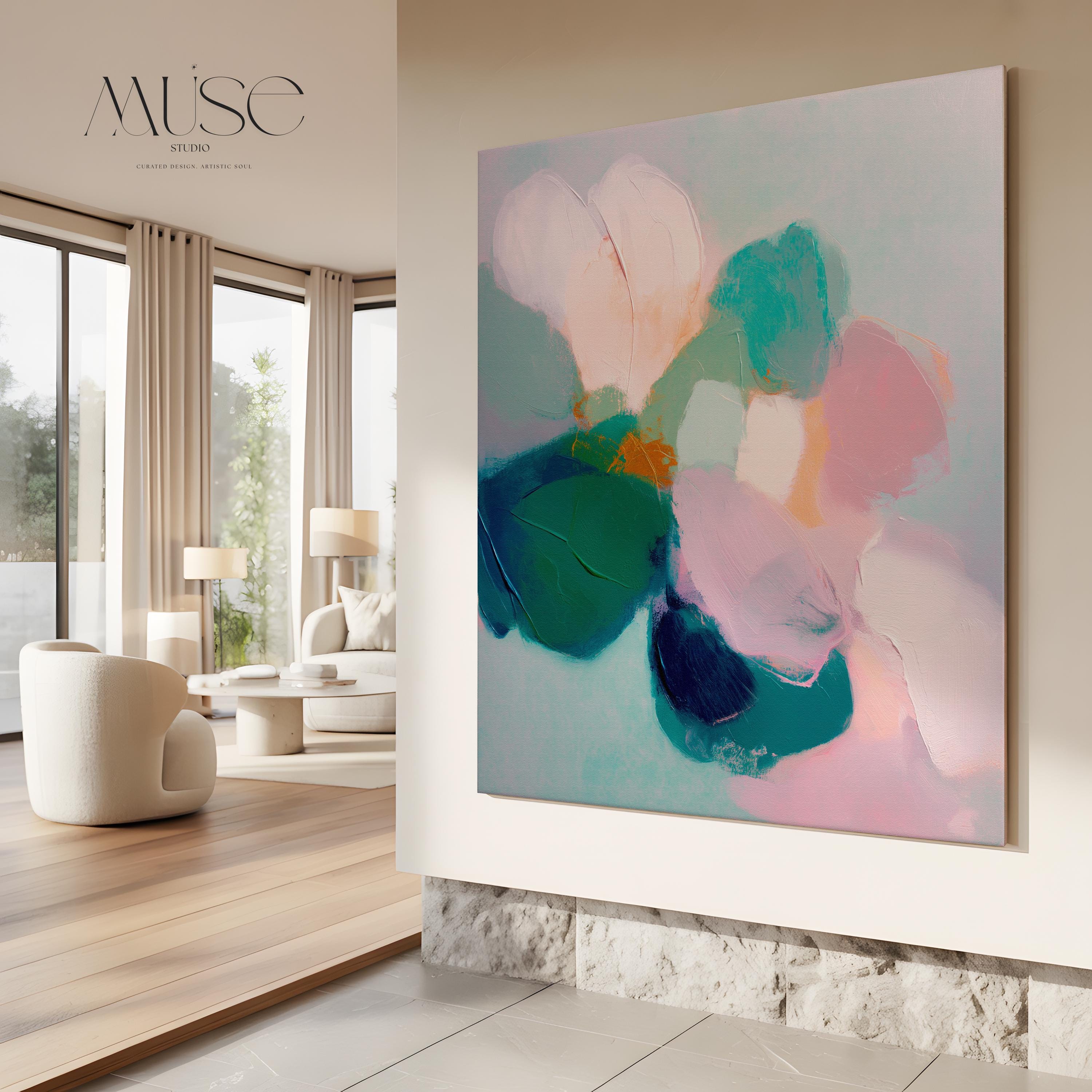 Aurora Muse 001 by Muse Studio — large horizontal romantic botanical canvas wall art in pink, teal, and coral tones on premium gallery-wrapped artist canvas with museum-grade giclée inks, available framed or unframed with custom wood float frames in natural, white, black, antique gold, or silver for serene designer interiors. 🌸🎨