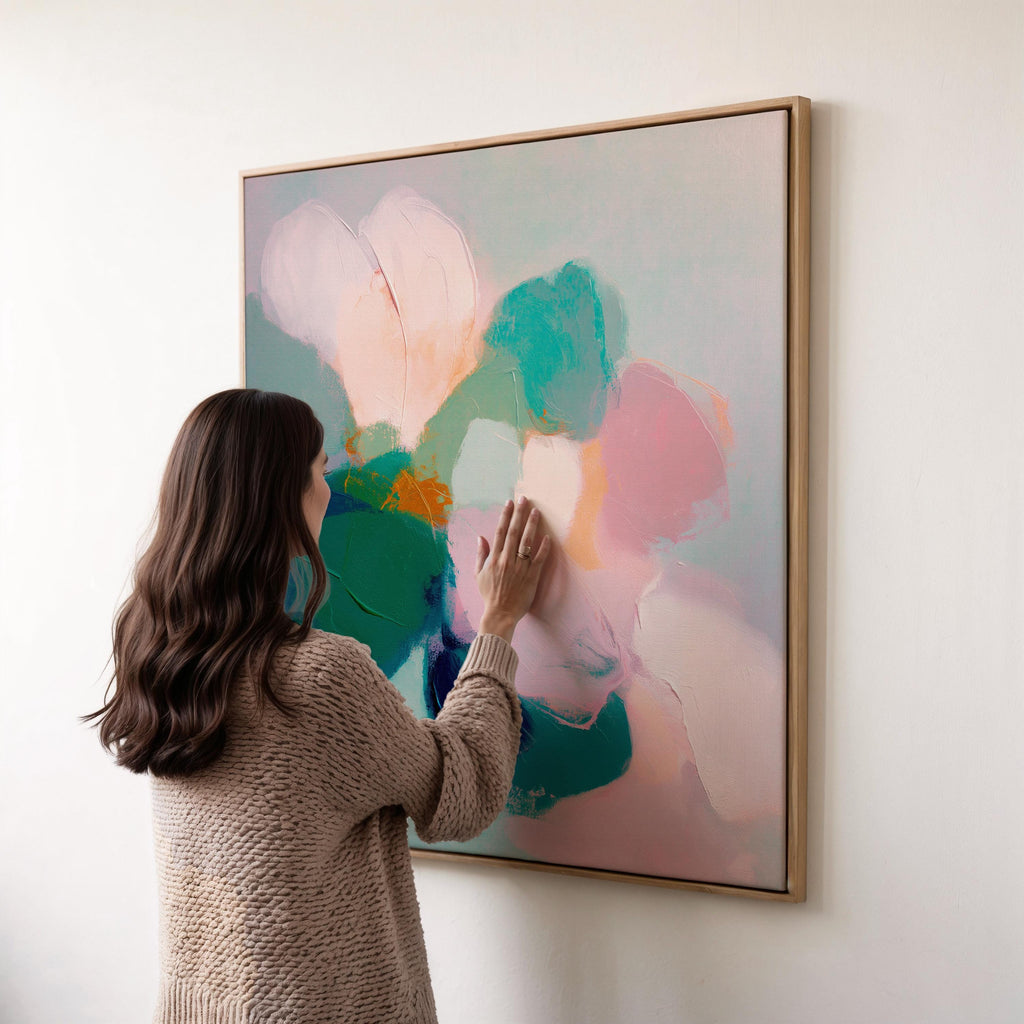 Aurora Muse 001 by Muse Studio — large horizontal colorful abstract floral art print in pink, teal, and coral tones, available as premium gallery-wrapped artist canvas or rolled fine art print, produced with museum-grade giclée inks for romantic botanical and modern designer interiors