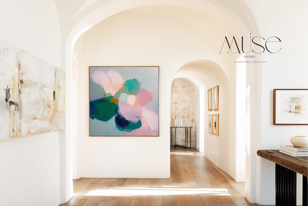 Aurora Muse 001 by Muse Studio — large horizontal colorful abstract floral art print in pink, teal, and coral tones, available as premium gallery-wrapped artist canvas or rolled fine art print, produced with museum-grade giclée inks for romantic botanical and modern designer interiors