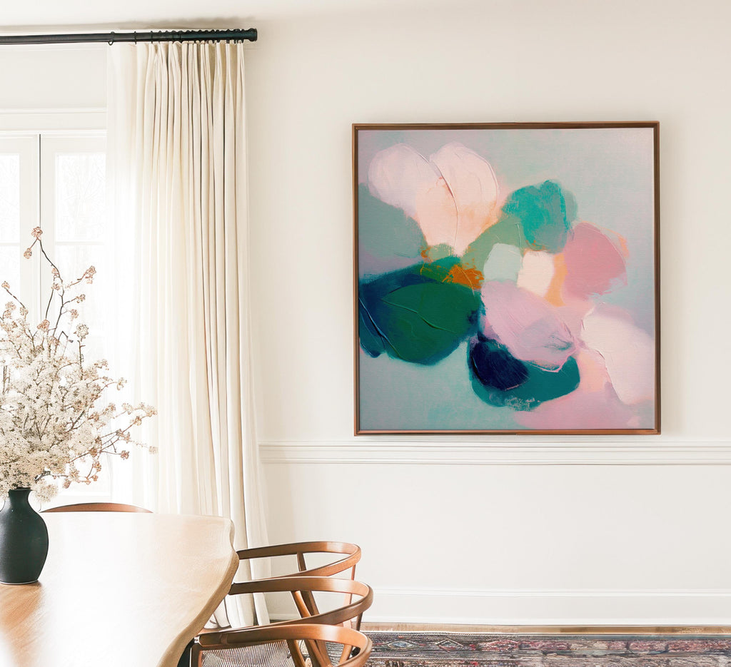 Aurora Muse 001 by Muse Studio — large horizontal colorful abstract floral art print in pink, teal, and coral tones, available as premium gallery-wrapped artist canvas or rolled fine art print, produced with museum-grade giclée inks for romantic botanical and modern designer interiors