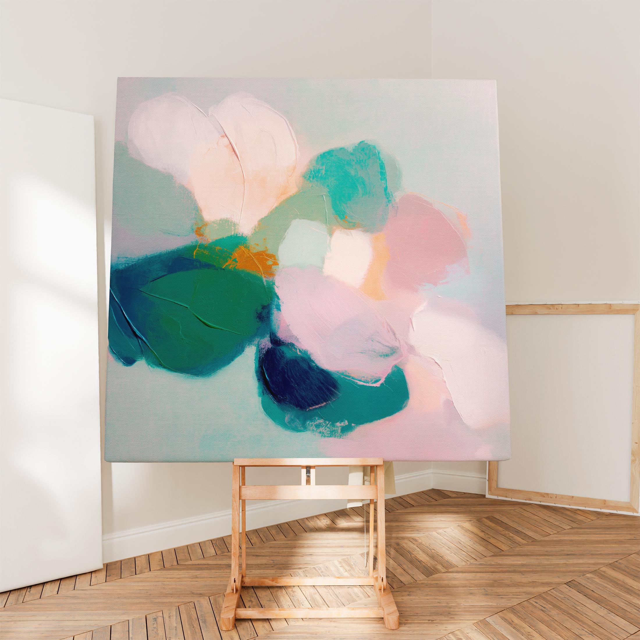 Aurora Muse 001 by Muse Studio — large square colorful abstract floral wall art in pink and teal tones, available as gallery-wrapped canvas or rolled fine art print, produced with museum-grade giclée inks for romantic botanical bedrooms, modern preppy decor, and curated designer interiors.