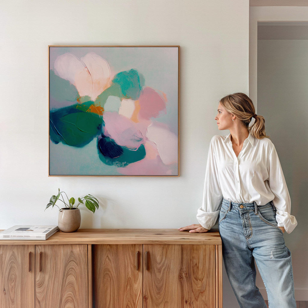 Aurora Muse 001 by Muse Studio — large square colorful abstract floral wall art in pink and teal tones, available as gallery-wrapped canvas or rolled fine art print, produced with museum-grade giclée inks for romantic botanical bedrooms, modern preppy decor, and curated designer interiors.