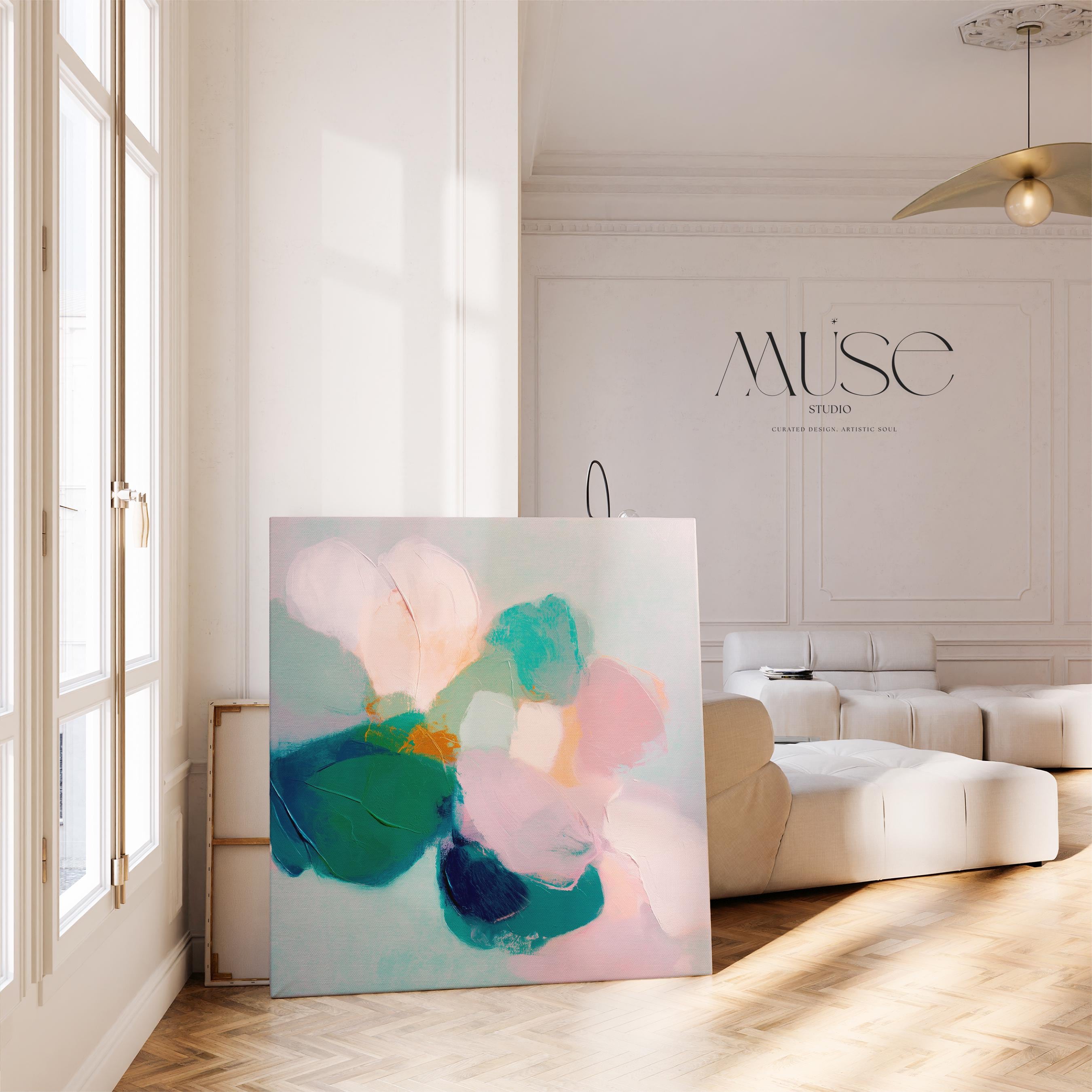 pastel floral canvas wall art in soft pink, teal, cream and blush tones, printed with museum-grade giclée inks on premium gallery-wrapped artist canvas, styled as serene bedroom wall decor and soft contemporary living room artwork with optional custom float frames in natural, white, black, antique gold or antique silver.