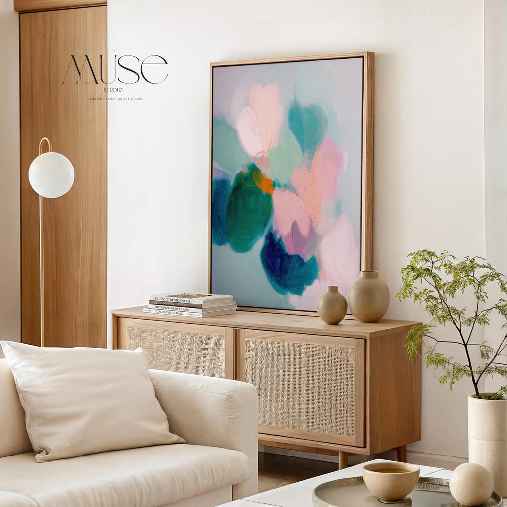 Aurora Muse 001 by Muse Studio — large vertical colorful abstract floral wall art in pink and teal tones on premium gallery-wrapped artist canvas with museum-grade giclée inks, finished in custom wood float frames in natural, white, black, antique gold, or silver for romantic botanical bedrooms and modern preppy interiors.